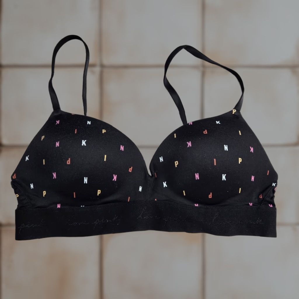 Victorias Secret Pink Victoria's Secret Wireless Push Up Bra 36B Black Geometric Convertible Womens