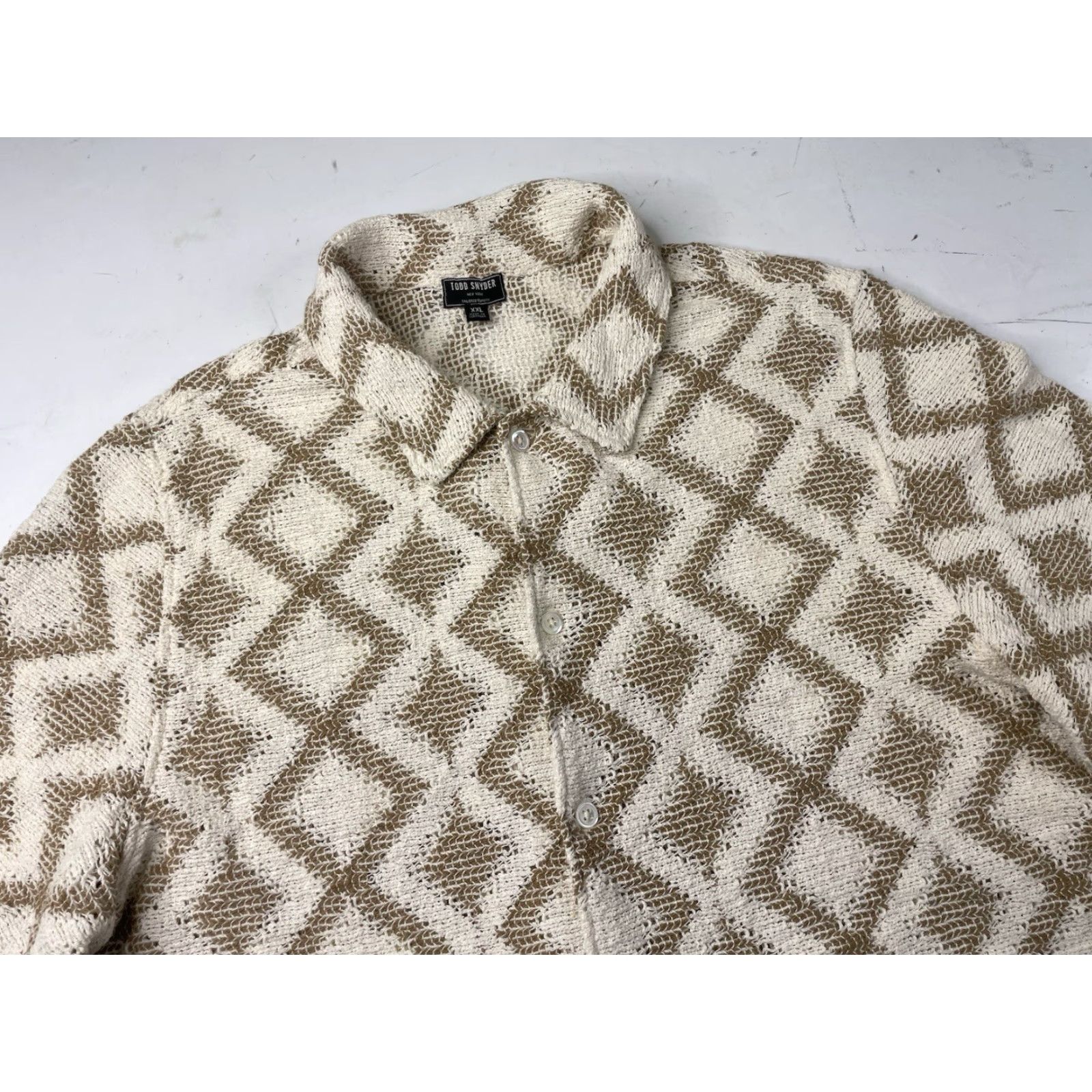 Todd Snyder Todd Snyder Men Shirt Button-Up Beiges Diamond Open Knit 2XL Short Sleeve Cotton Blend Cabana Button-Down Mens XXL Size US XXL / EU 58 / 5 - 2 Thumbnail