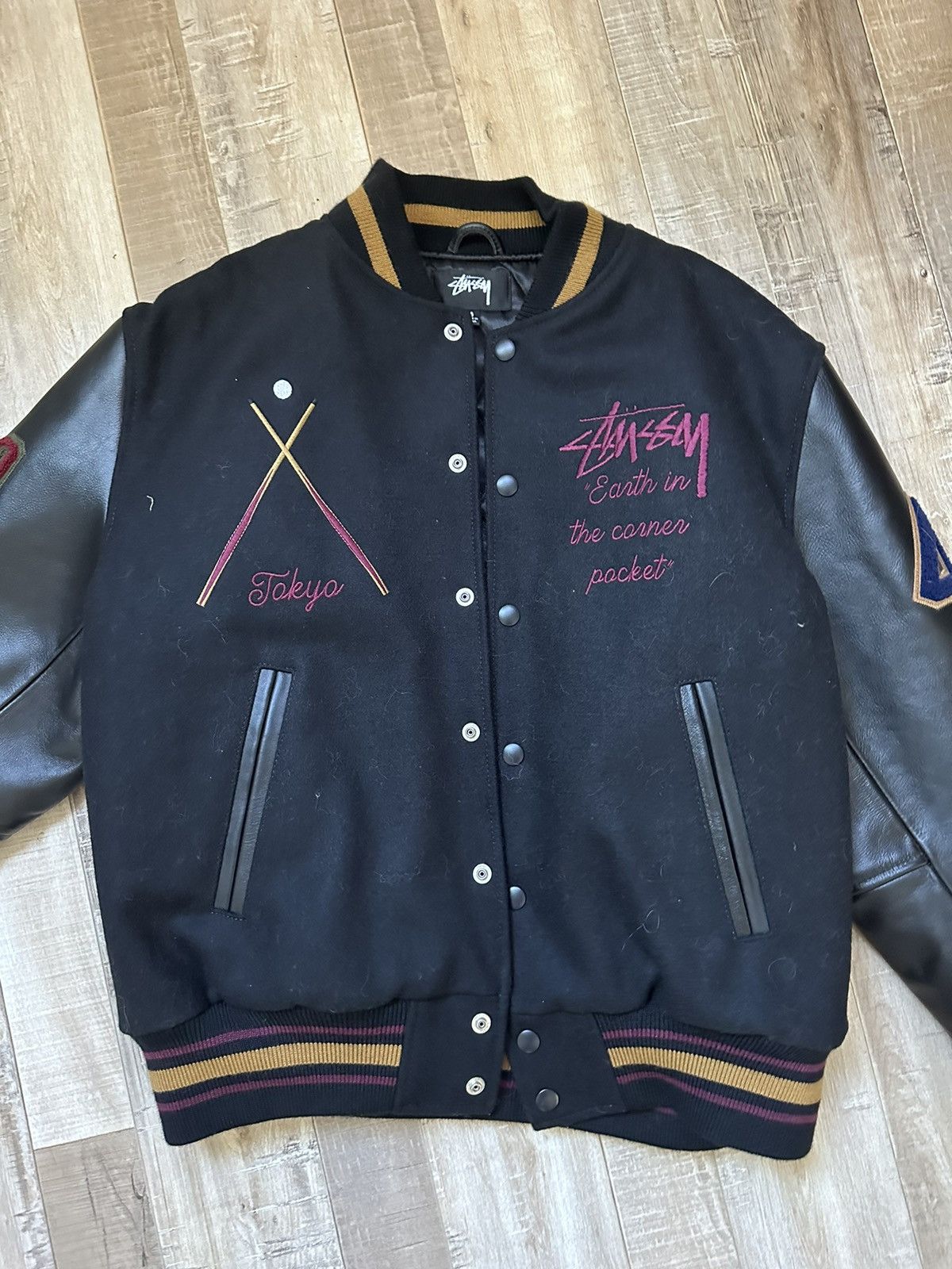 image of Stussy 40Th Anniversary Varsity Jacket Tokyo in Black, Men's (Size Small)