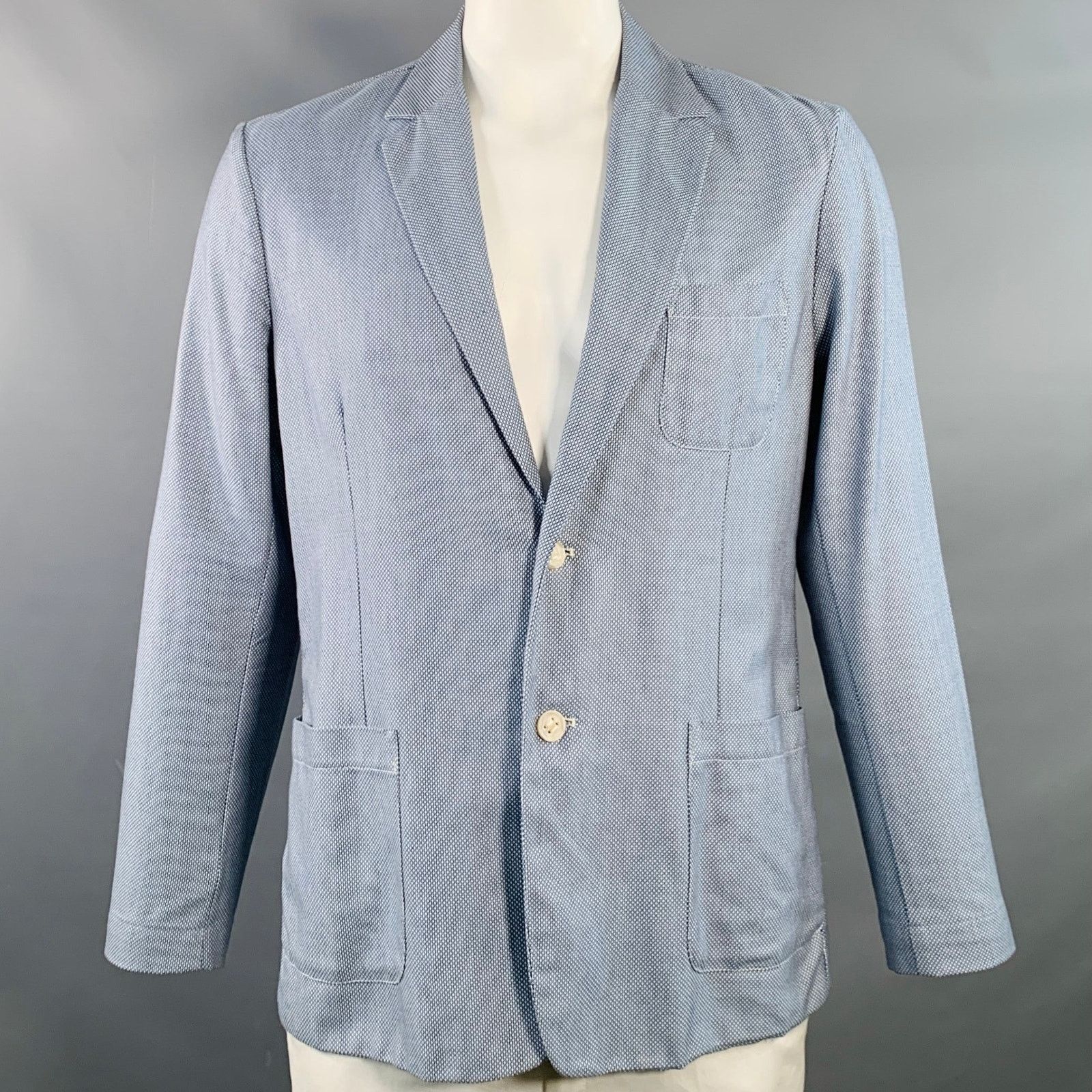 MYTHS Size 42 White Navy Nailhead Cotton Notch Lapel Jacket