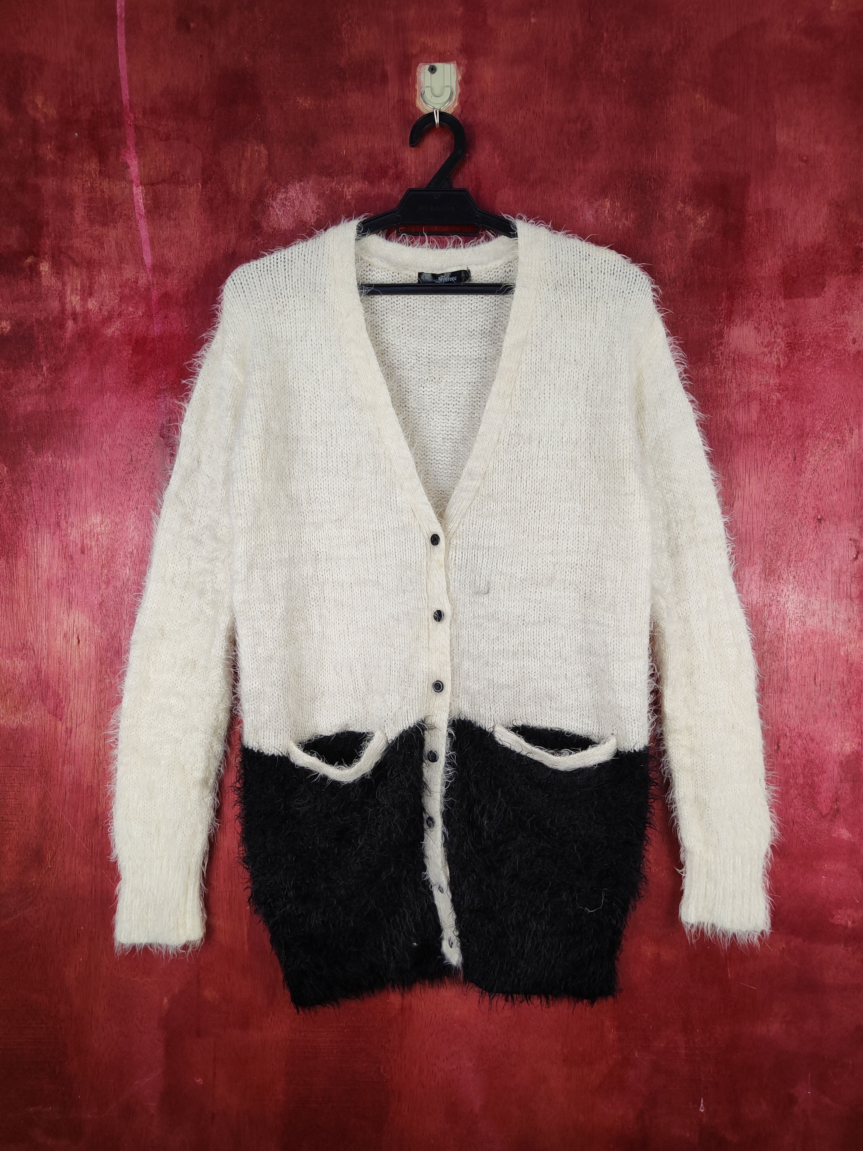 image of Sureve Black Shag Shaggy Fur Mohair Knitwear Cardigan S2069 in Black Cream, Women's (Size Medium)