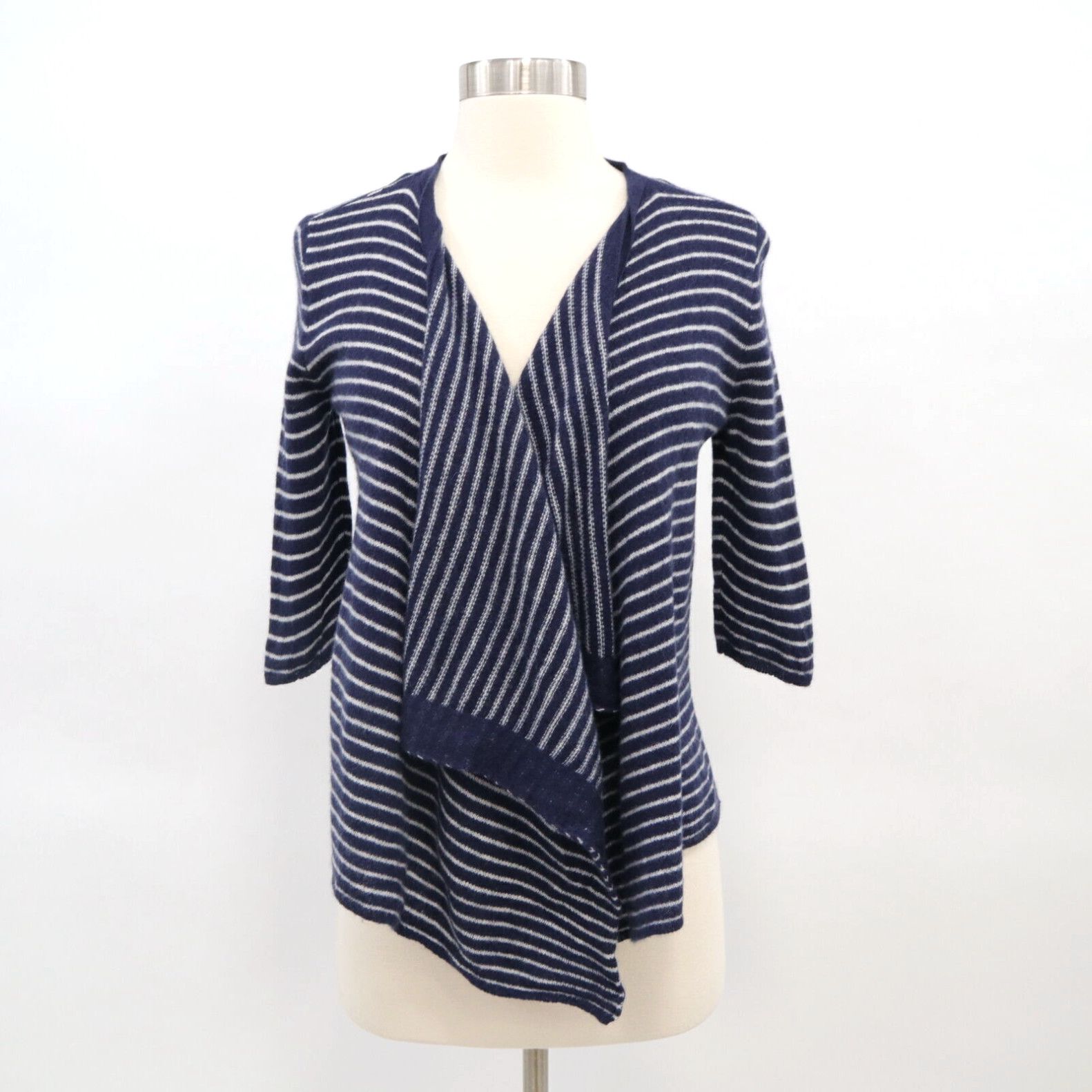 Image of Vintage Calypso St. Barth Womens Cardigan Xs 100% Cashmere Open Front Draped Stripe Blue in White