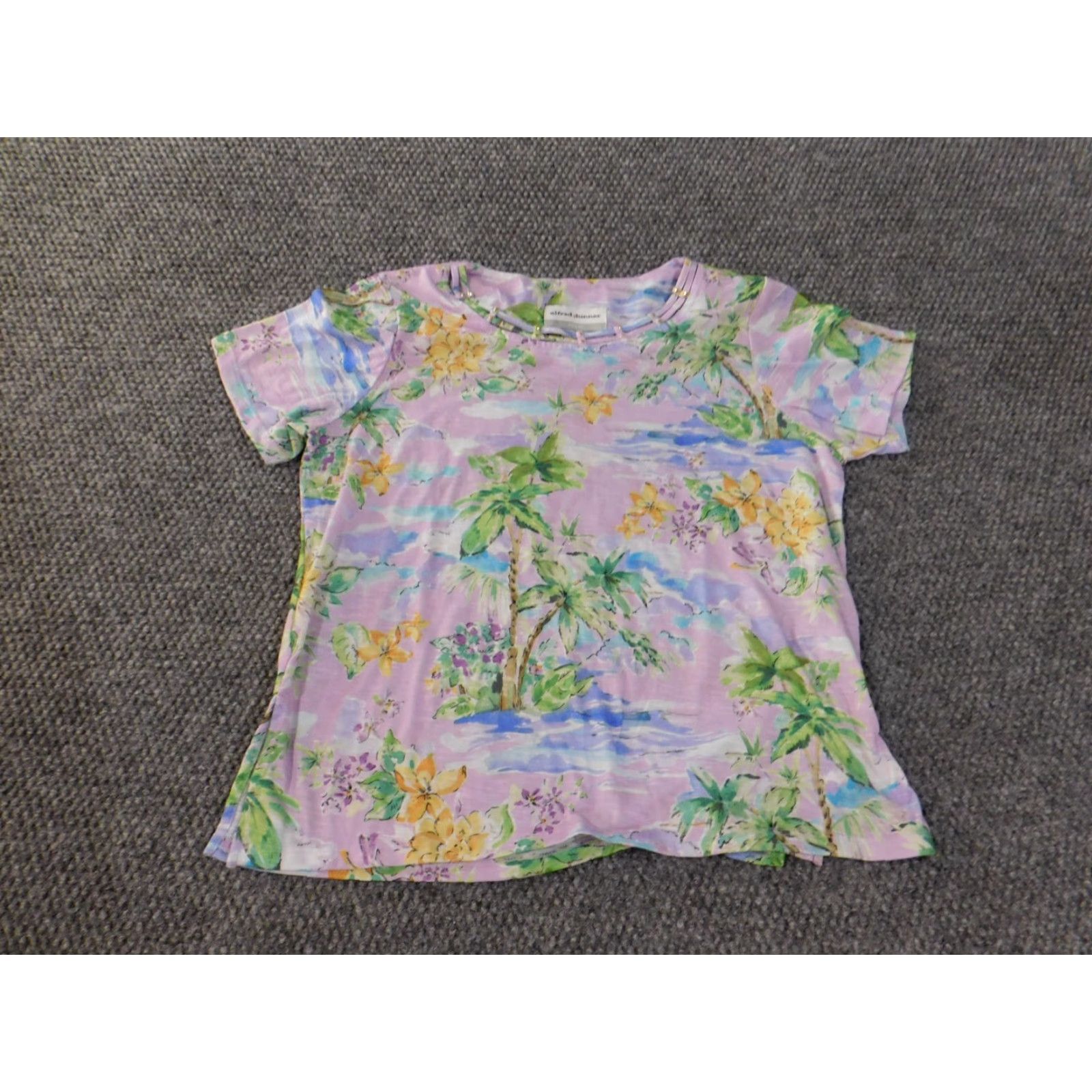 Vintage Alfred Dunner Blouse Shirt Petite PS Womens Purple Floral Round Neck Short Sleeve Pullover Stretch Polyester Spandex Lightweight Casual Size S / US 4 / IT 40 - 2 Thumbnail