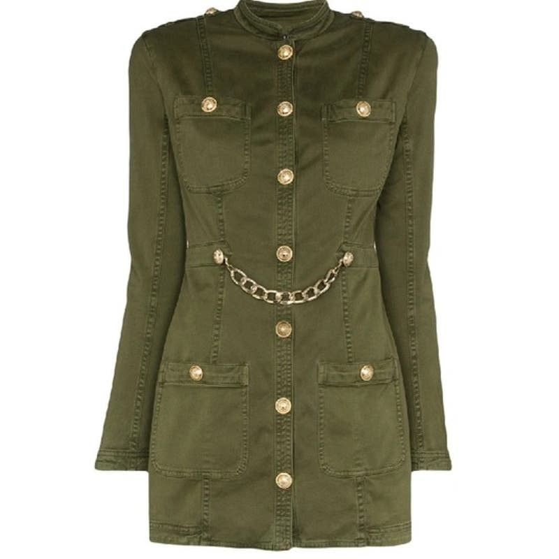 image of Balmain Chainlink Cotton Military Mini Jacket Dress Green, Women's (Size XS)