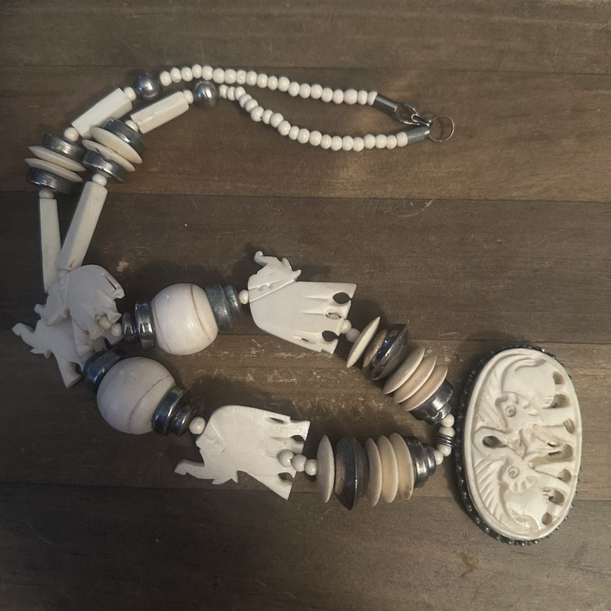 Vintage chunky carved bone elephant bead necklace