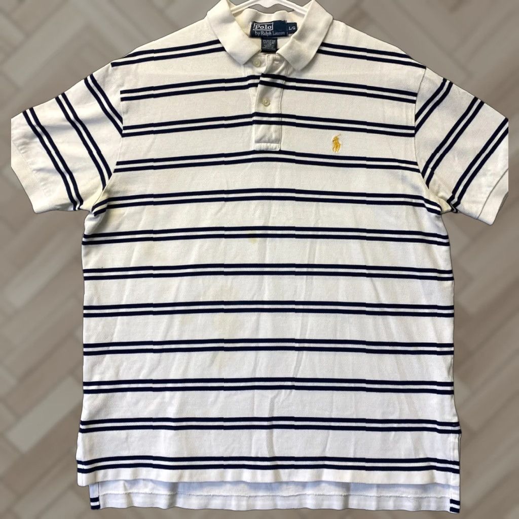 Polo Ralph Lauren VINTAGE Polo Ralph Lauren Polo Shirt Men L White Black Striped /108-27 Short Sleeve Polo Shirt Mens Large White Black Striped 90s Genre: Golf/Beac t Size US L / EU 52-54 / 3 - 1 Thumbnail