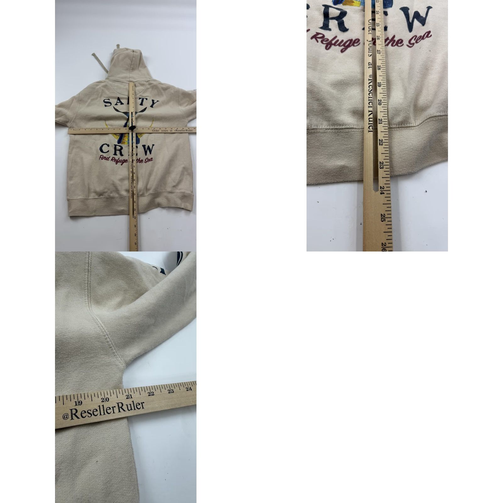 Vintage VINTAGE Salty Crew Hoodie Mens M Tan Pullover Graphic Find Refuge in the Sea Back Fish Tail Logo Pockets Hooded Size US M / EU 48-50 / 2 - 8 Thumbnail