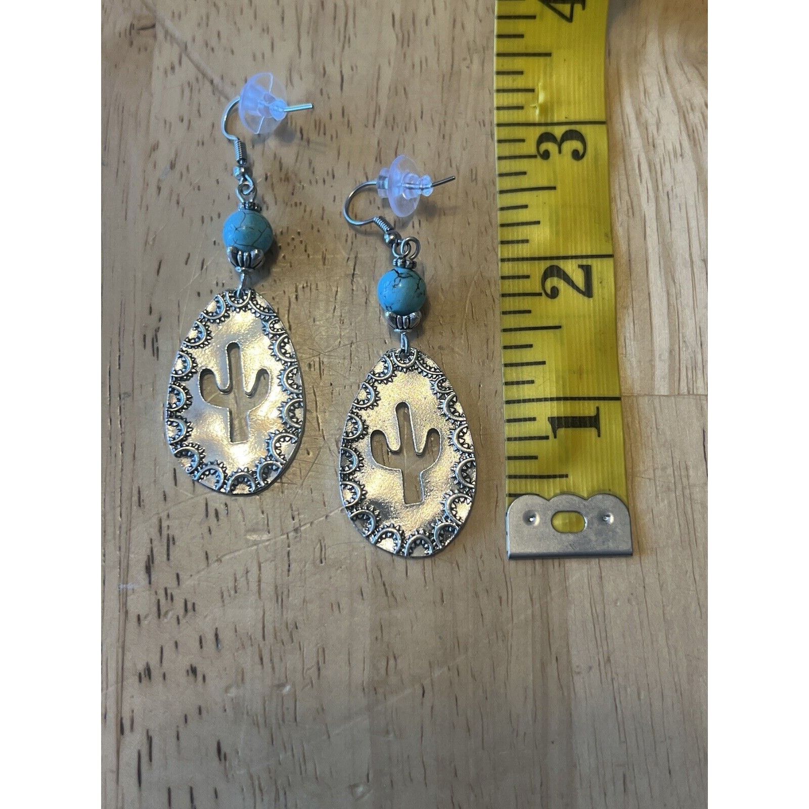 Other Silver Tone Earring with Turquoise Bead Teardrop with Cactus Size ONE SIZE - 4 Thumbnail