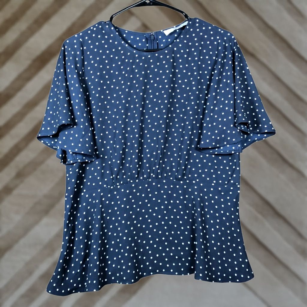 Ann Taylor LOFT Womens Blouse Blue White Polka Dot Crew Neck Short Sleeve Zip Back 4 - Casual Workwear Formal Size S / US 4 / IT 40 - 1 Thumbnail
