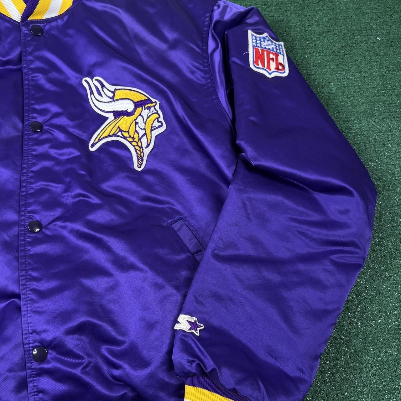 Starter × Vintage VINTAGE 80s Starter Minnesota Vikings Satin Bomber Jacket XL Size US XL / EU 56 / 4 - 2 Thumbnail