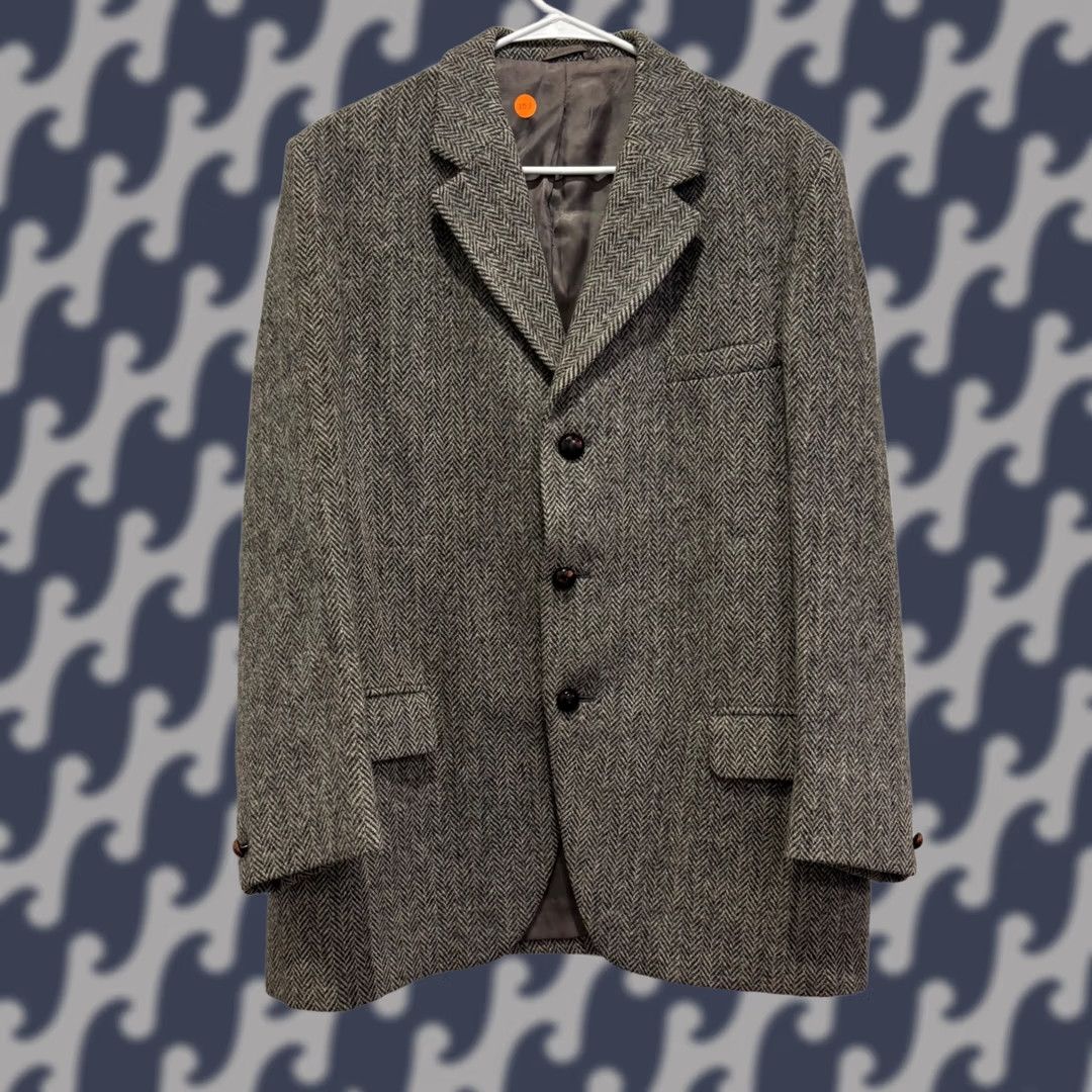 CO VINTAGE Dunn & Co Harris Tweed Blazer Grey Herringbone Wool Sport Coat Jacket 44R Mens Size 44R - 1 Thumbnail