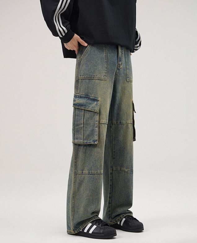 Vintage American retro washed multi-pocket men's loose work jeans Size US 32 / EU 48 - 4 Thumbnail