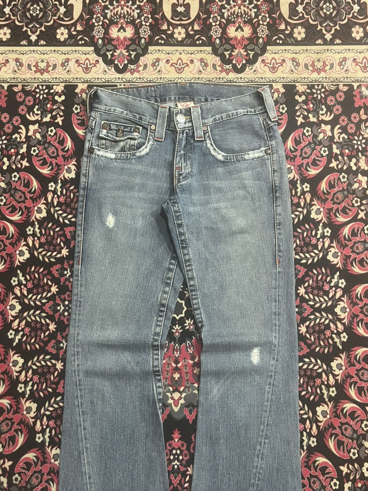 True Religion True Religion Joey Brown Leather Flap Pocket Flare Blue Jean Size US 28 / EU 44 - 3 Thumbnail