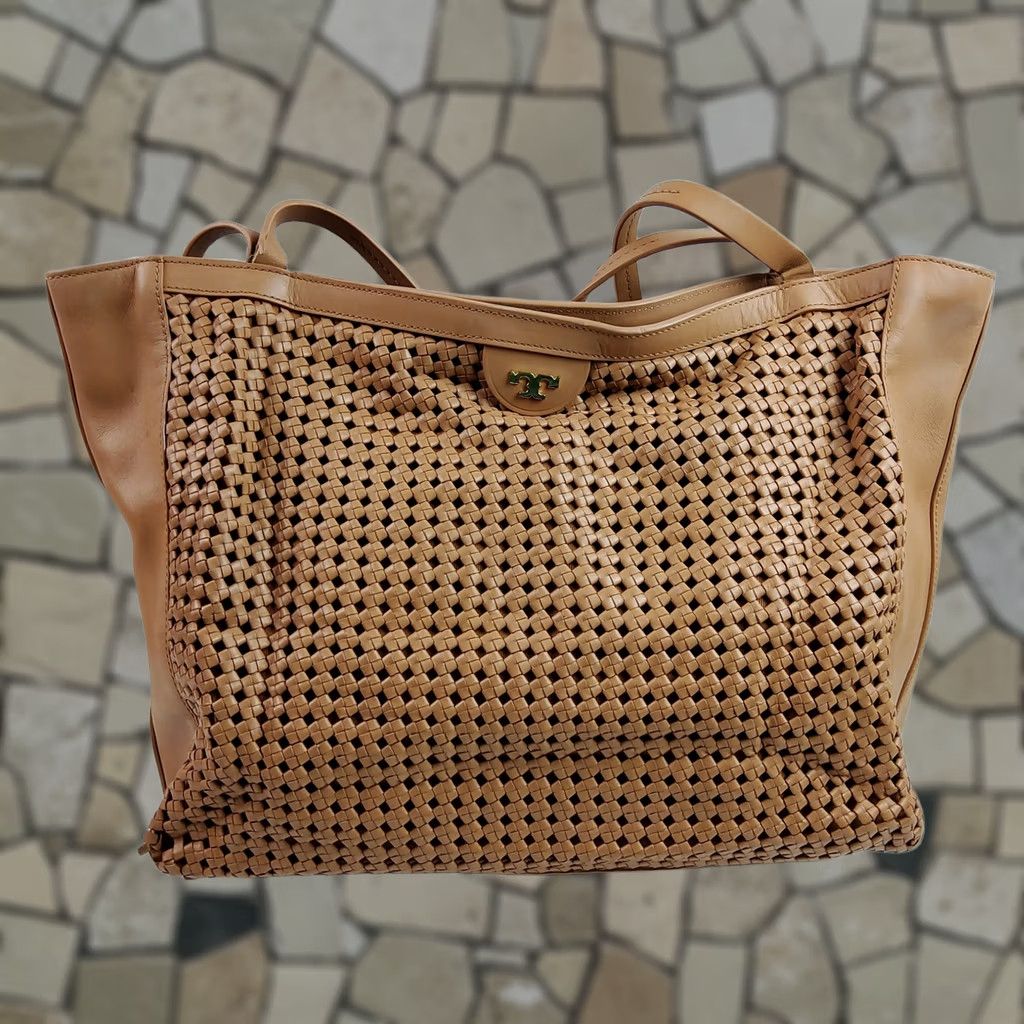 Tory Burch Tory Burch Woven Erica Large Tote Shoulder Handbag Purse Women Tan Leather Tote Large Size ONE SIZE - 1 Thumbnail