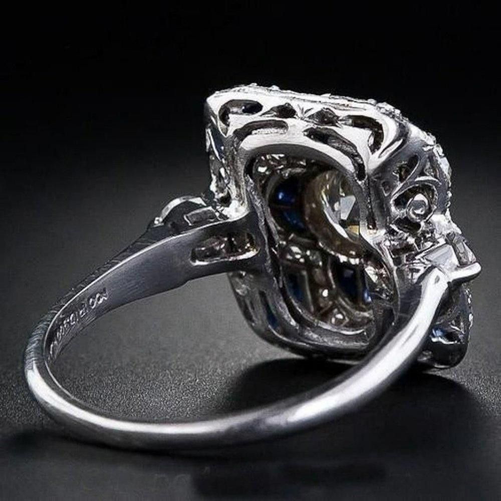 Designer 925 Sterling Silver Blue Geometric Art Deco Ring - Size 7 Size ONE SIZE - 4 Thumbnail