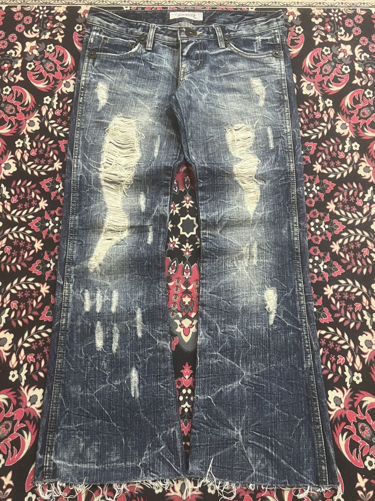If Six Was Nine Japanese Brand Hollis Blue Cracked Washed Ripped Flare Jeans Size 28" / US 6 / IT 42 - 1 Thumbnail