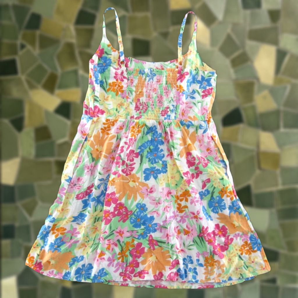 Old Navy NWT Old Navy Linen Pink Blue Yellow White Floral Pocket Sheath Sun  Tank Dress L | Grailed