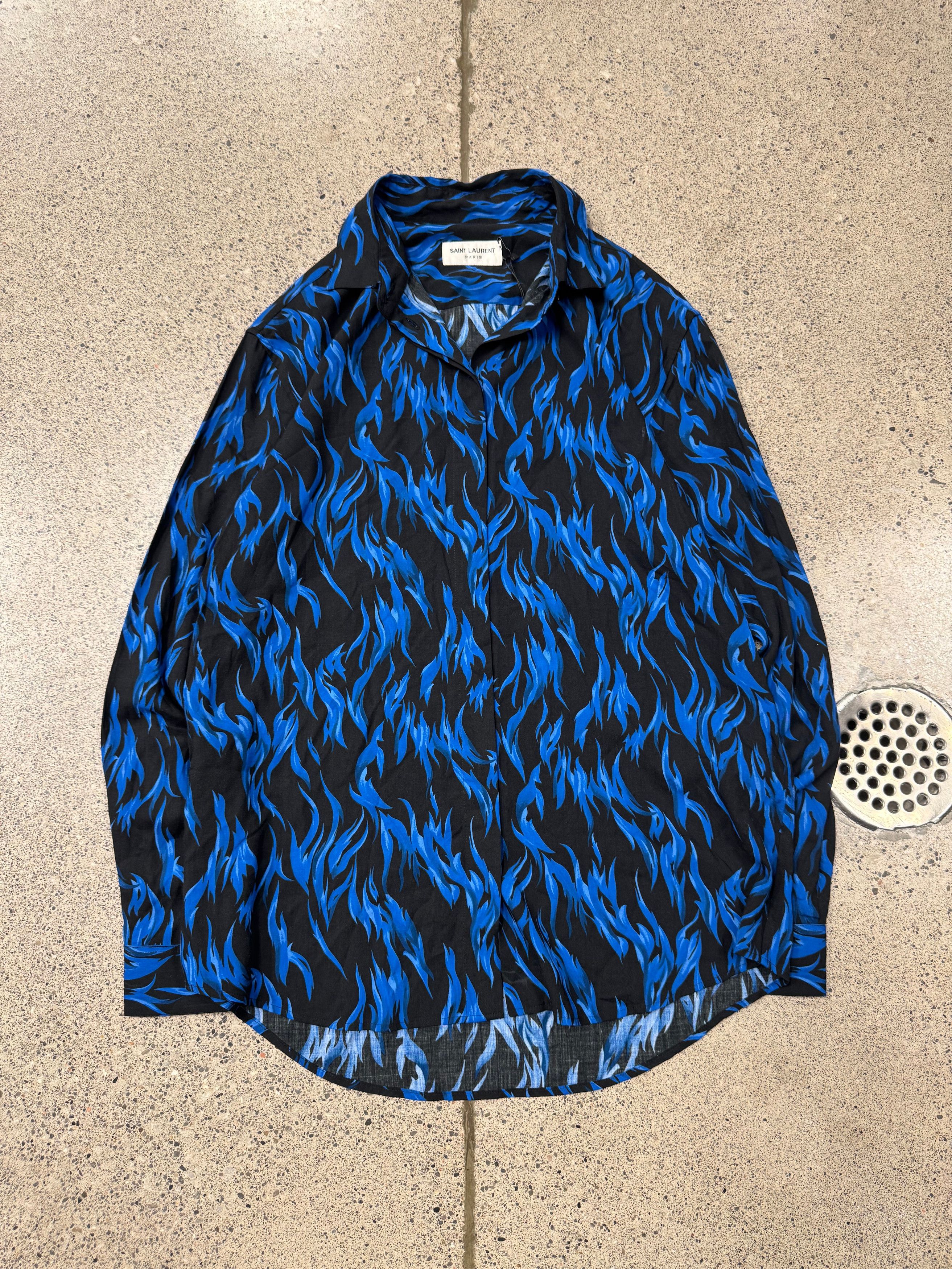 Saint Laurent Paris SS2017 Saint Laurent ‘Blue Flame’ Silk Button Down Shirt Size US M / EU 48-50 / 2 - 1 Thumbnail