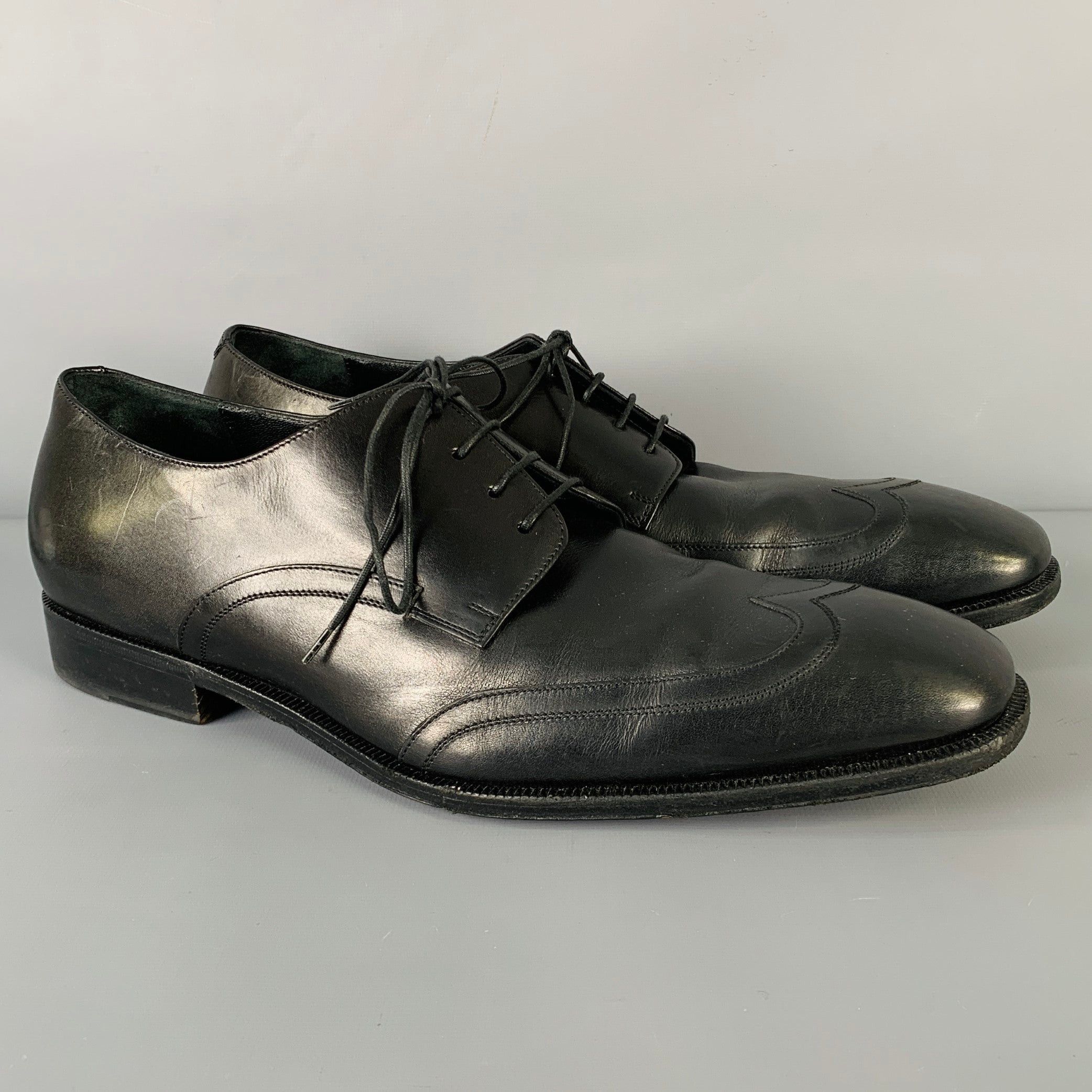 image of Salvatore Ferragamo Black Wingtip Leather Square Toe Laceup Shoes, Men's (Size 10)