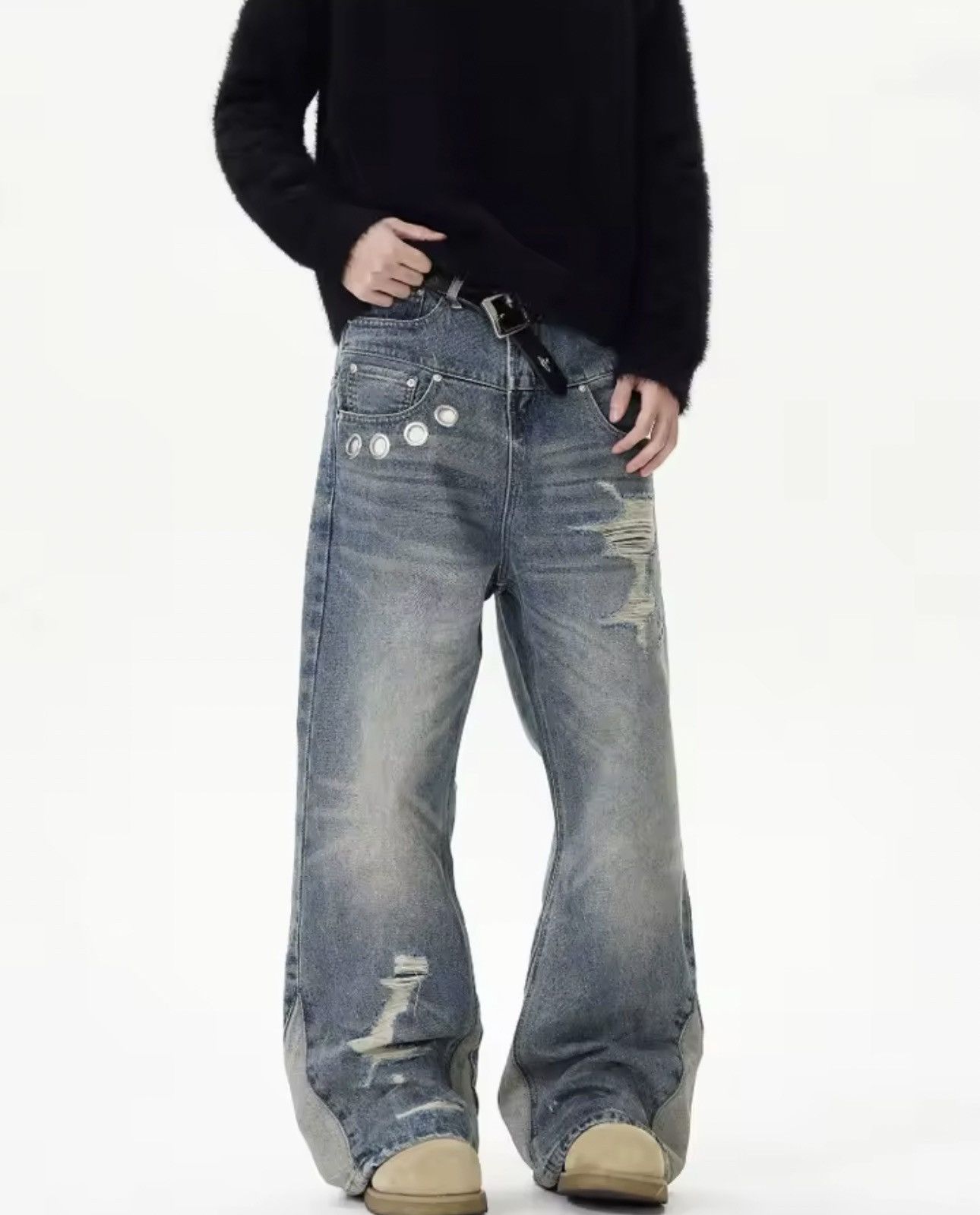 Jean Button Accent Distressed Splicing Flared Jeans Size US 33 - 2 Thumbnail