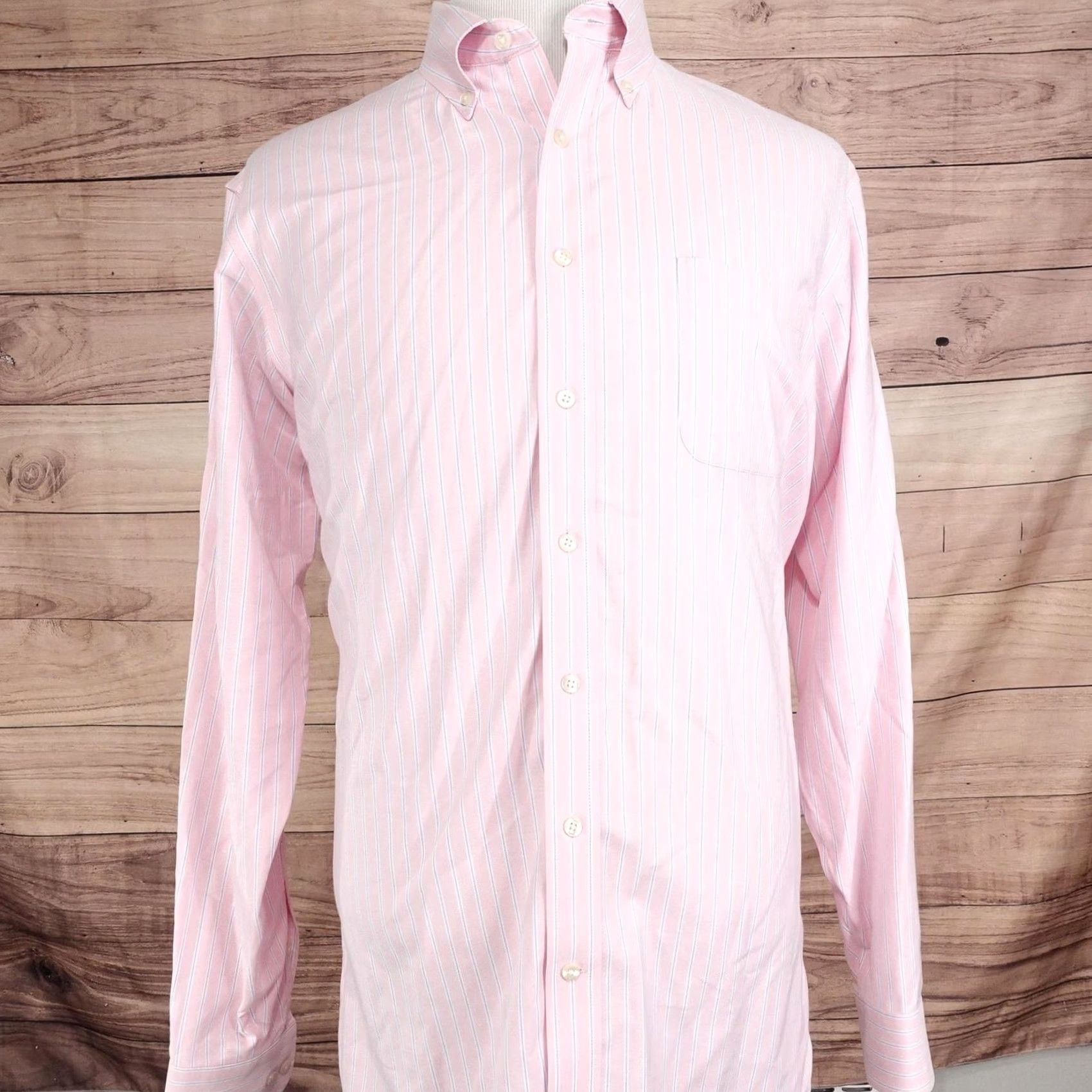 Lands' End Lands' End Dress Shirt Pink Striped 16 37 Tall Supima No Iron Oxford Button-Down Classic Fit Men XS-XL? Size 42R - 3 Thumbnail