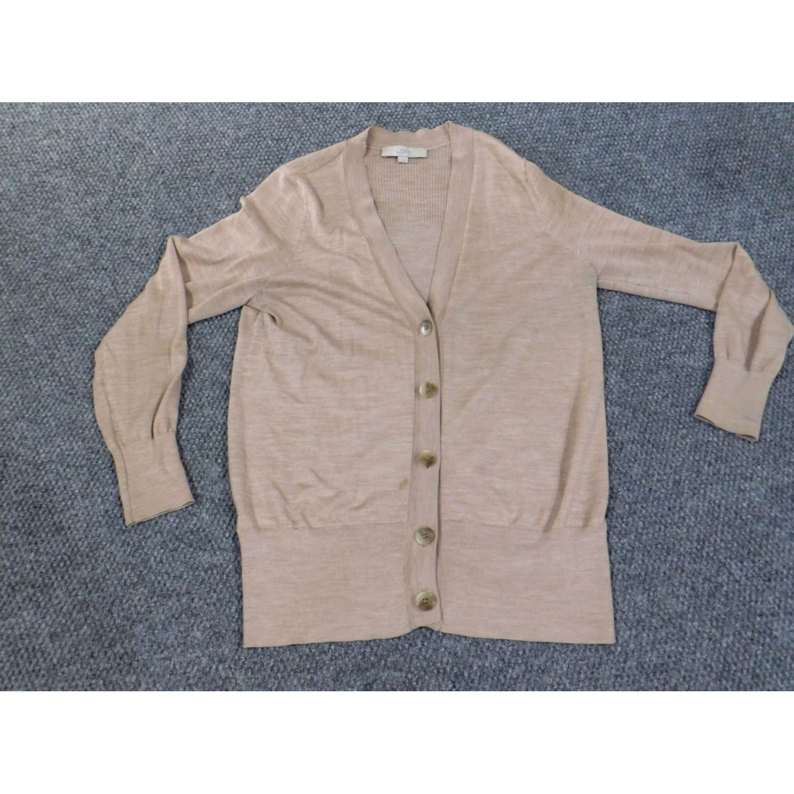 Loft LOFT Cardigan Sweater Womens L Beige Knit Rib Button V-Neck Stretch Casual Modern Designer Fall Winter Spring Size L / US 10 / IT 46 - 4 Thumbnail