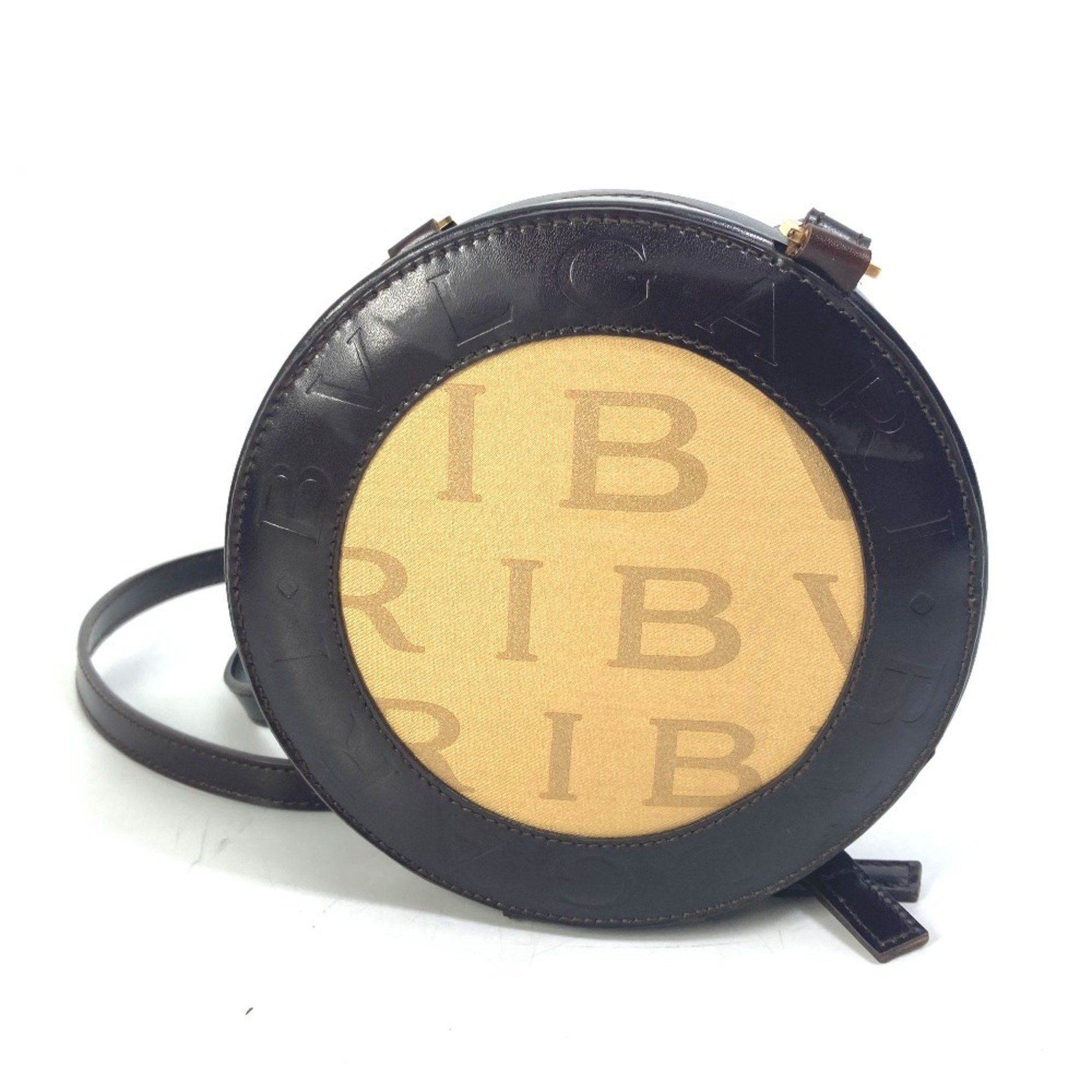Bvlgari Logomania Pochette Round Bag Crossbody Shoulder Canvas Leather Women's Brown in Beige