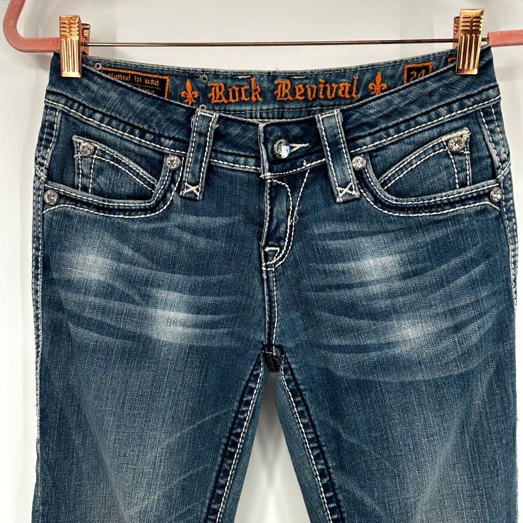 Vintage Rock Revival Jasmine Easy Straight Jeans Size 24 Medium Wash Buckle Bling Y2K Womens jeans Size 42" / US 20 - 6 Thumbnail