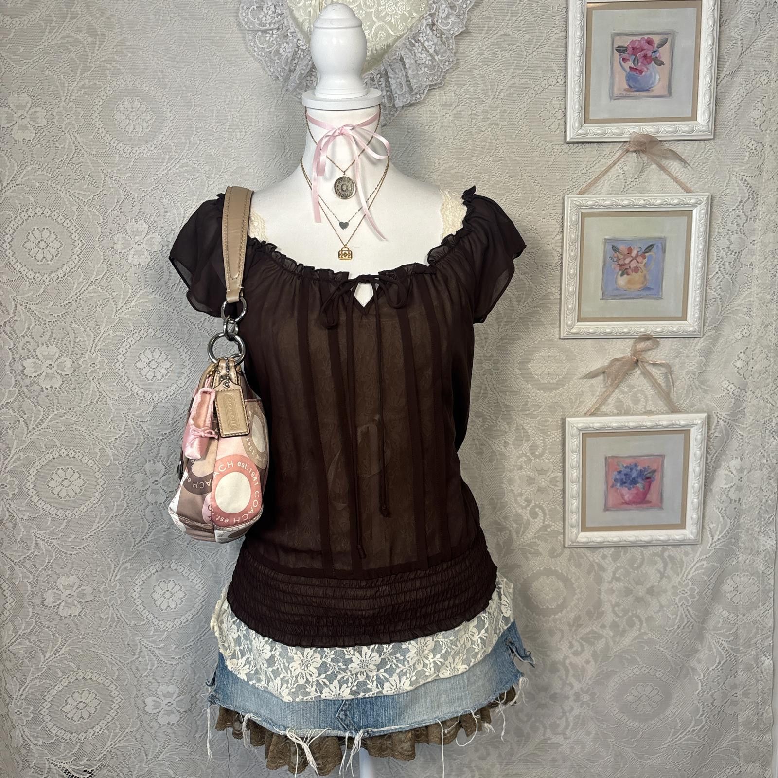 Other y2k brown fairy core mesh ruffle blouse top Size S / US 4 / IT 40 - 1 Thumbnail