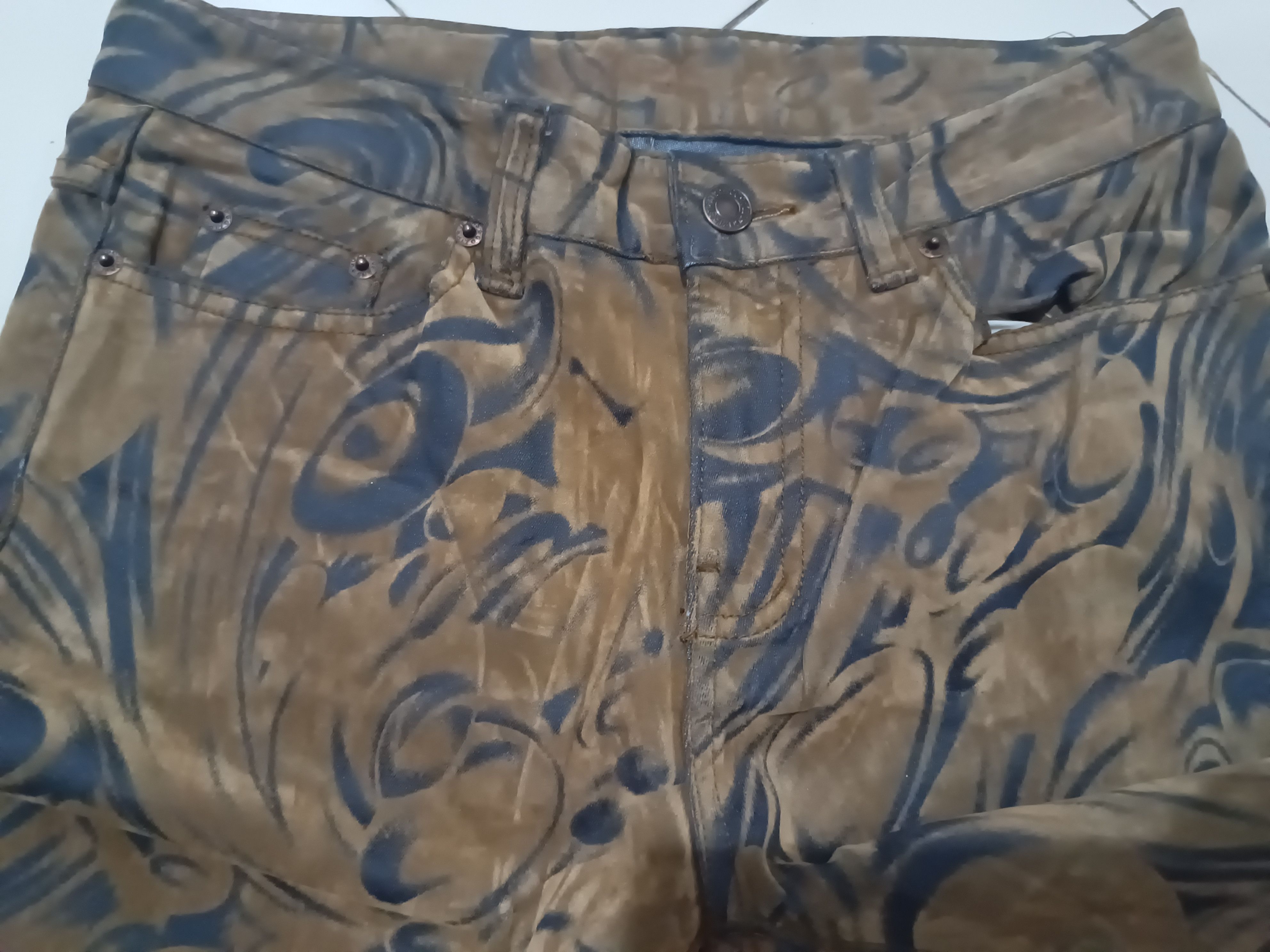 Tornado Mart Vintage Gozip Flare Jeans Velvet leather abstract full print Size 28" / US 6 / IT 42 - 3 Thumbnail