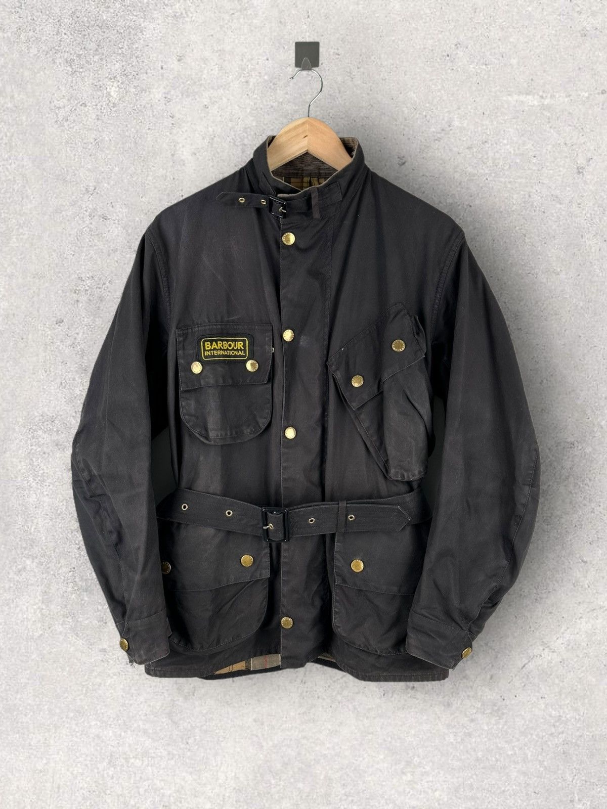 image of Barbour International Waxed Jacket Belted Racing in Black, Men's (Size Small)