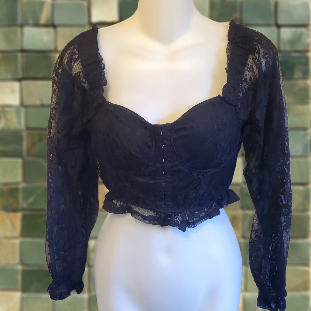 Almost Famous Womens Blouse Cropped Puff Sleeve Black Lace Gothic Corset Front Closure M Slim Floral Sheer N/A Size M / US 6-8 / IT 42-44 - 1 Thumbnail