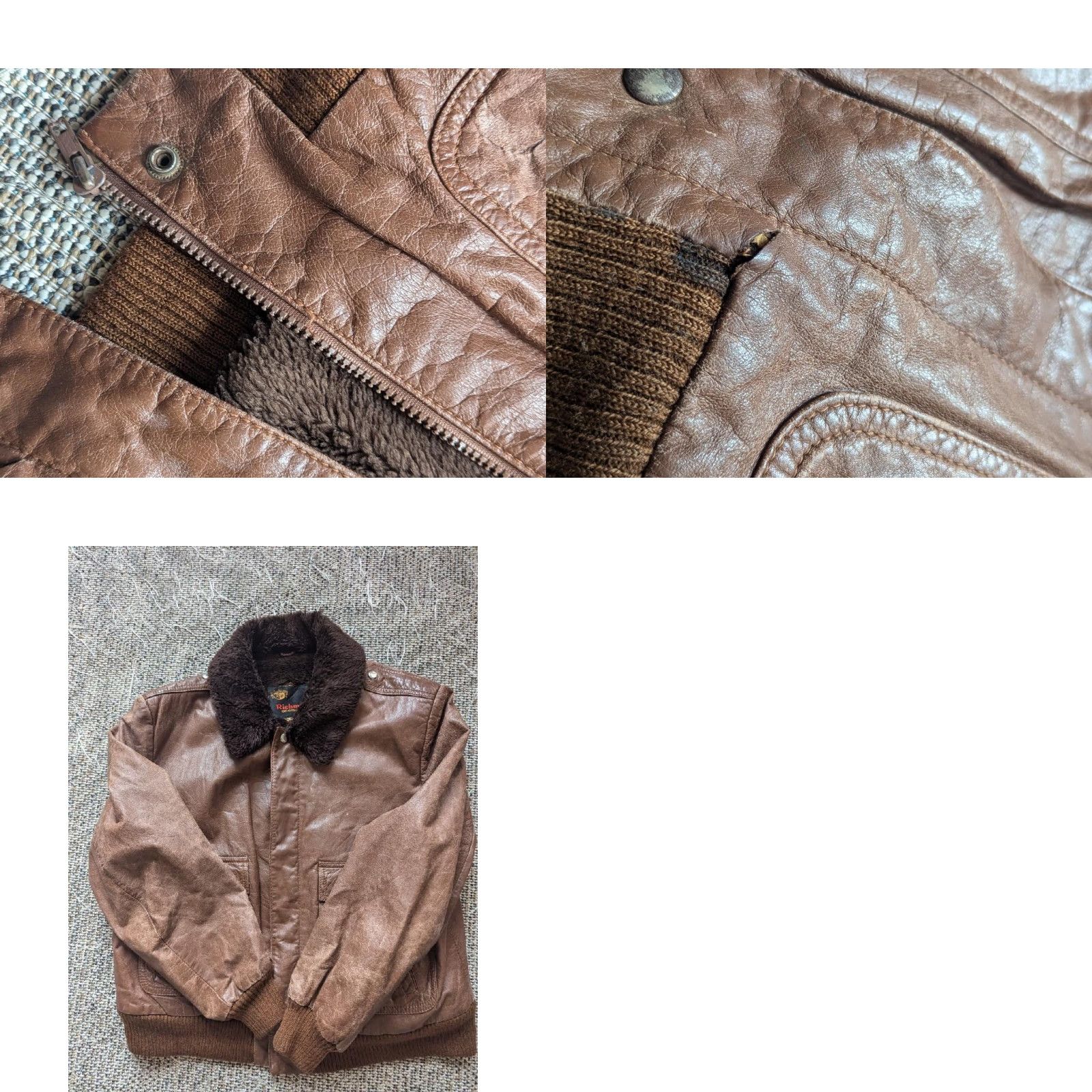 Vintage VINTAGE Richman Brothers leather bomber Jacket M 40-42 Brown Mens Vintage 1970s Flight Flyers Patina faux mouton collar Four front pockets Size US M / EU 48-50 / 2 - 8 Thumbnail