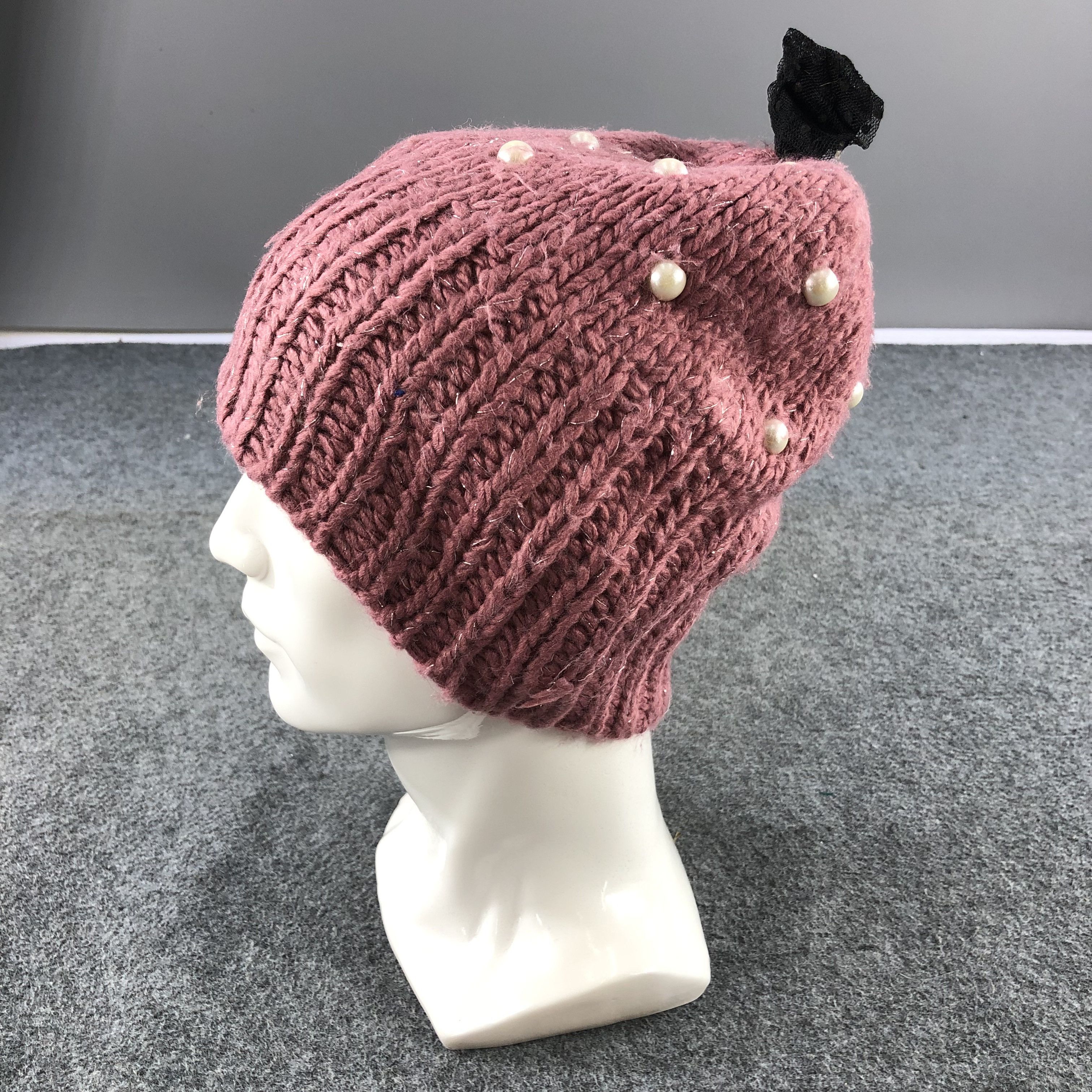 Japanese Brand Pink Knit Beads Crochet Beanie Snowcap Snow Hat B422 Size ONE SIZE - 2 Thumbnail