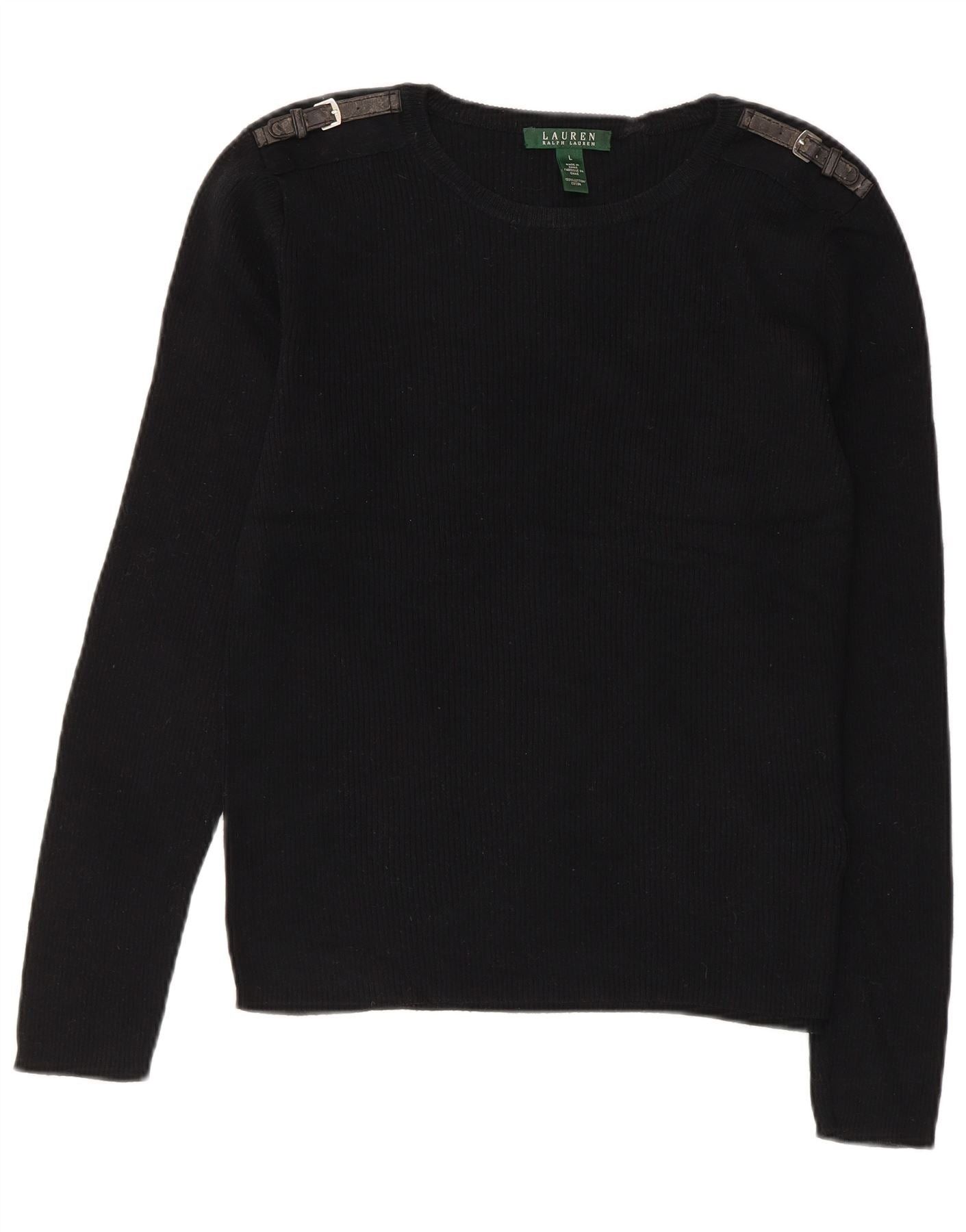 Ralph Lauren Womens Crew Neck Jumper Sweater UK 14 Large Black Cotton Size S / US 4 / IT 40 - 1 Thumbnail