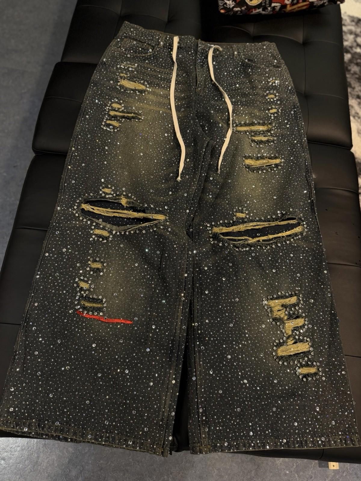 Vale Valley Baggy Crystal Stone Denim Blue Jeans Size 34 (NEW) Size US 34 / EU 50 - 2 Thumbnail