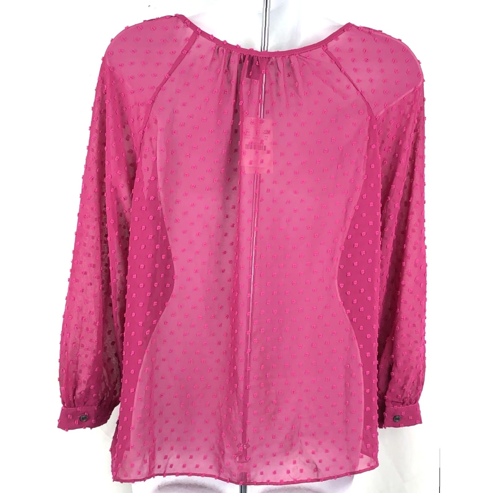 J.Crew NWT J.CREW Sheer Chiffon Top XS Pink Pom Poms Boho Fairy Keyhole Long Sleeve Blouse Women Domestic Vintage No Size XS / US 0-2 / IT 36-38 - 4 Thumbnail