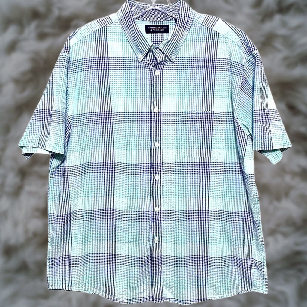 Roundtree & Yorke Roundtree & Yorke Blue Seer Sucker Plaid Button Shirt Men XL Preppy Coastal Work Size US XL / EU 56 / 4 - 1 Thumbnail