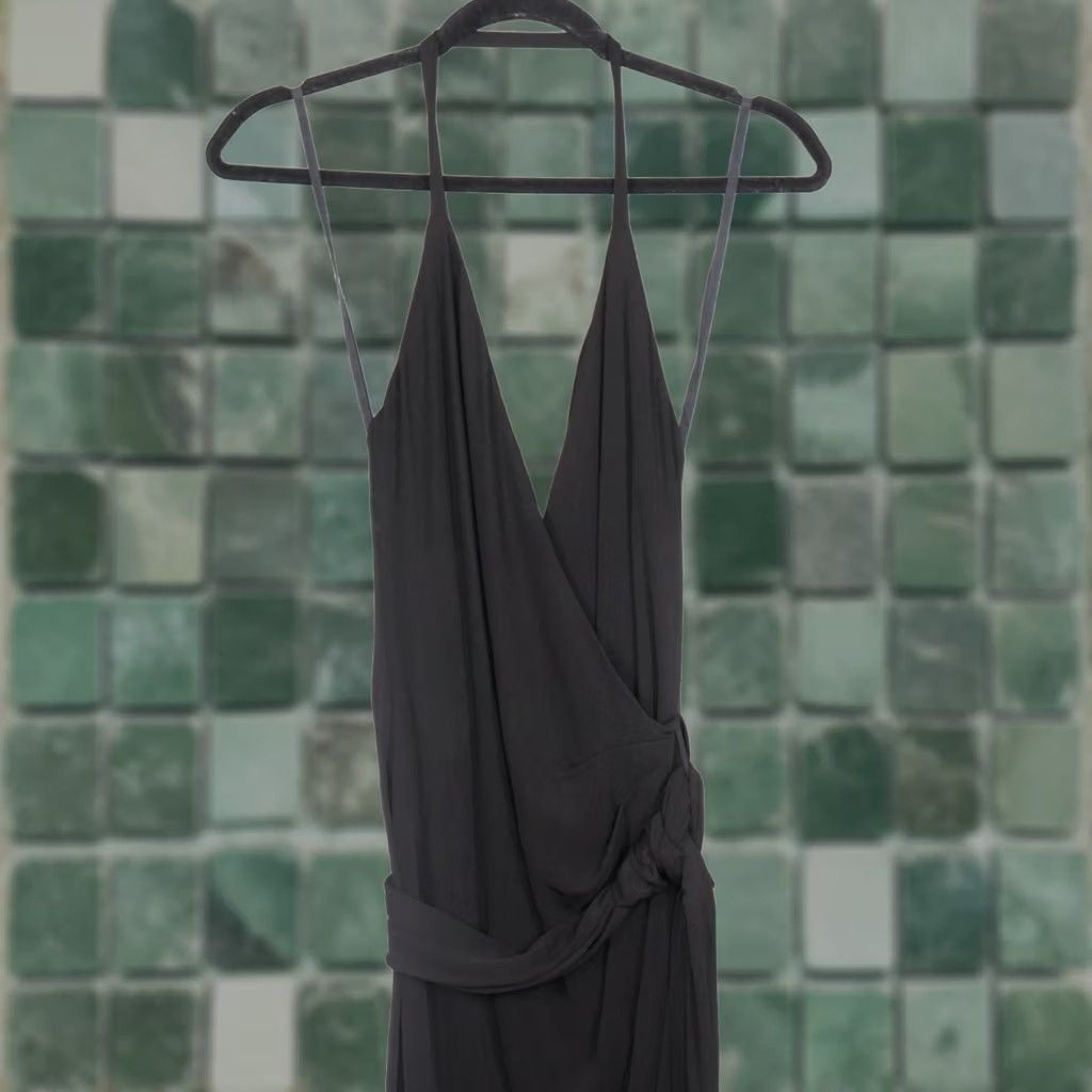 L'AGENCE L'AGENCE Halter Gown Womens Size 4 Black Sabrina Open Back Fringe Belt Side Slit Maxi Dress Size ONE SIZE - 1 Thumbnail