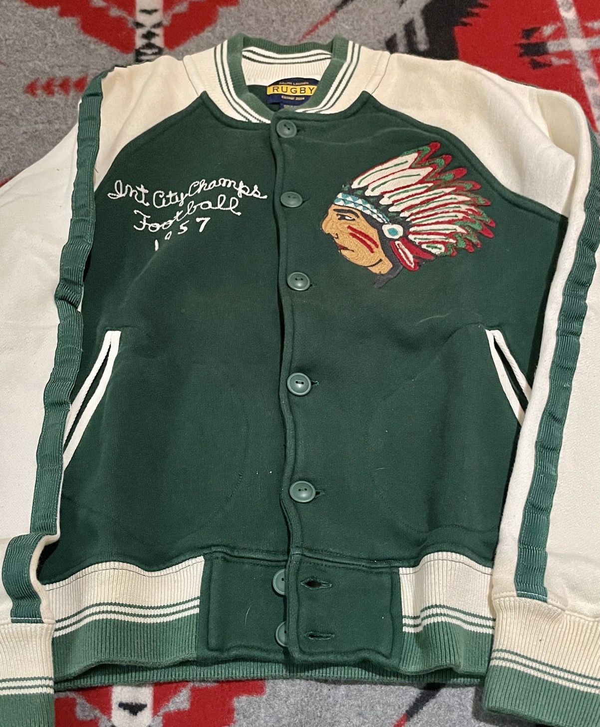 希少❗️ RALPH LAUREN RUGBY Varsity Jacket XL POLO RALPH LAUREN Men's Rugby Indian Head Green Varsity 1957