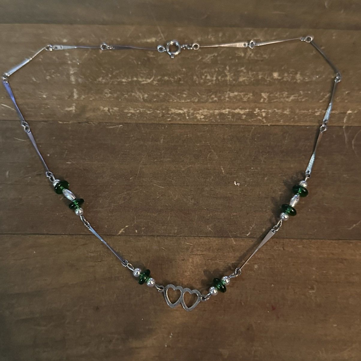 Vintage Vintage bar link station green bead double heart necklace Size ONE SIZE - 2 Thumbnail