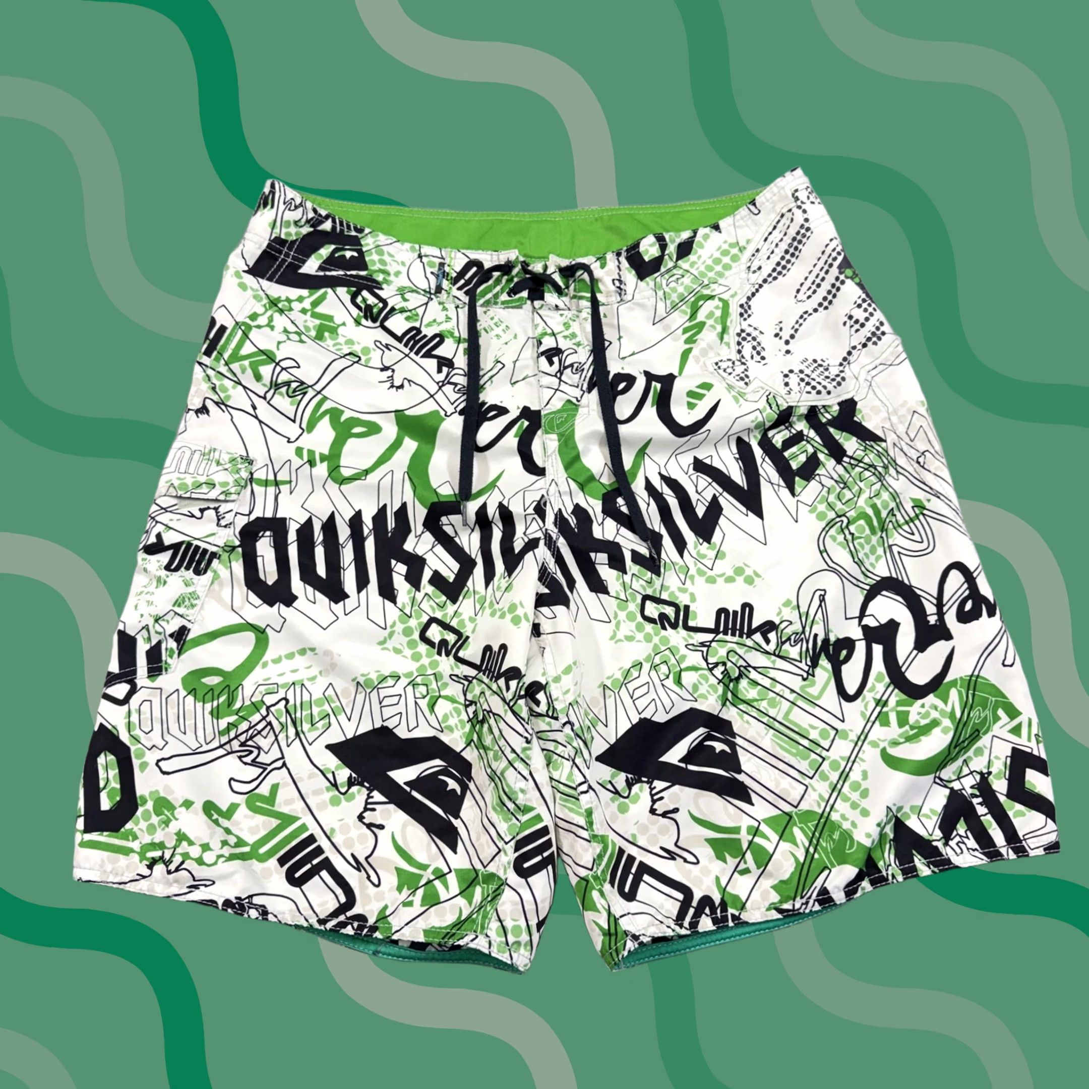 Quiksilver Quiksilver Board Shorts Mens 38 White Green Graffiti Surf Swim Trunks Vintage Geometric Quick Dry Pockets Drawstring Lightweight 100% Polyester Size US 38 / EU 54 - 1 Thumbnail