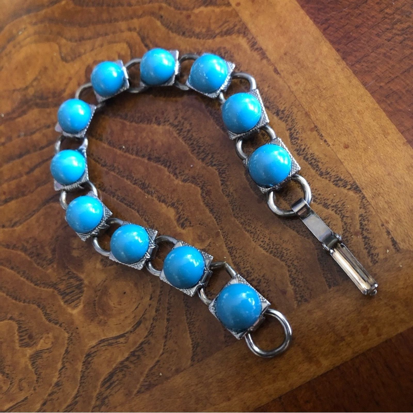 Vintage Vintage 70s turquoise cabochon silver link bracelet Size ONE SIZE - 2 Thumbnail