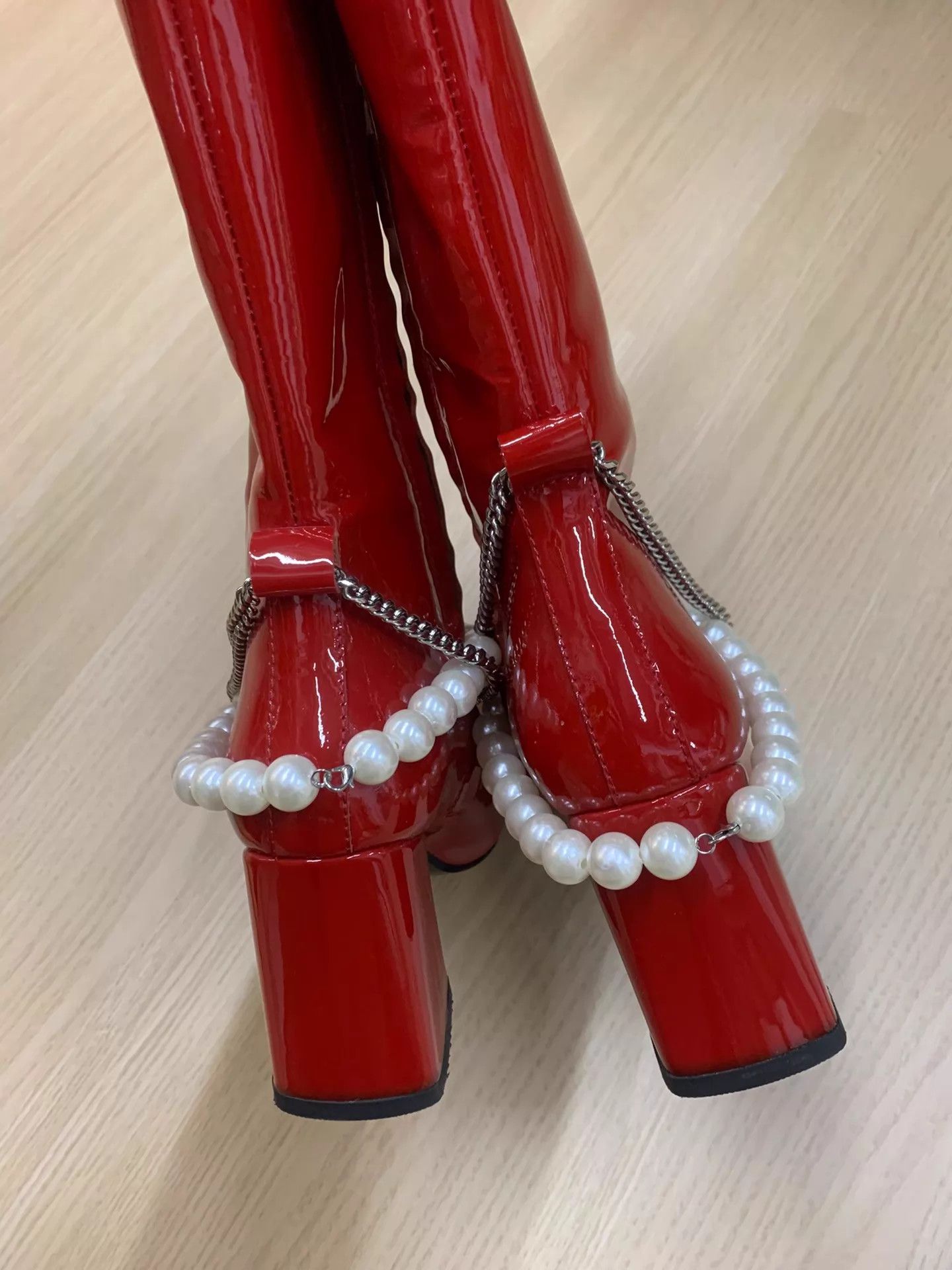 Other Nina Zarqua Red Pearl Chain Square Toe Riding Boot 37 Unworn Size US 6.5 / IT 36.5 - 3 Thumbnail