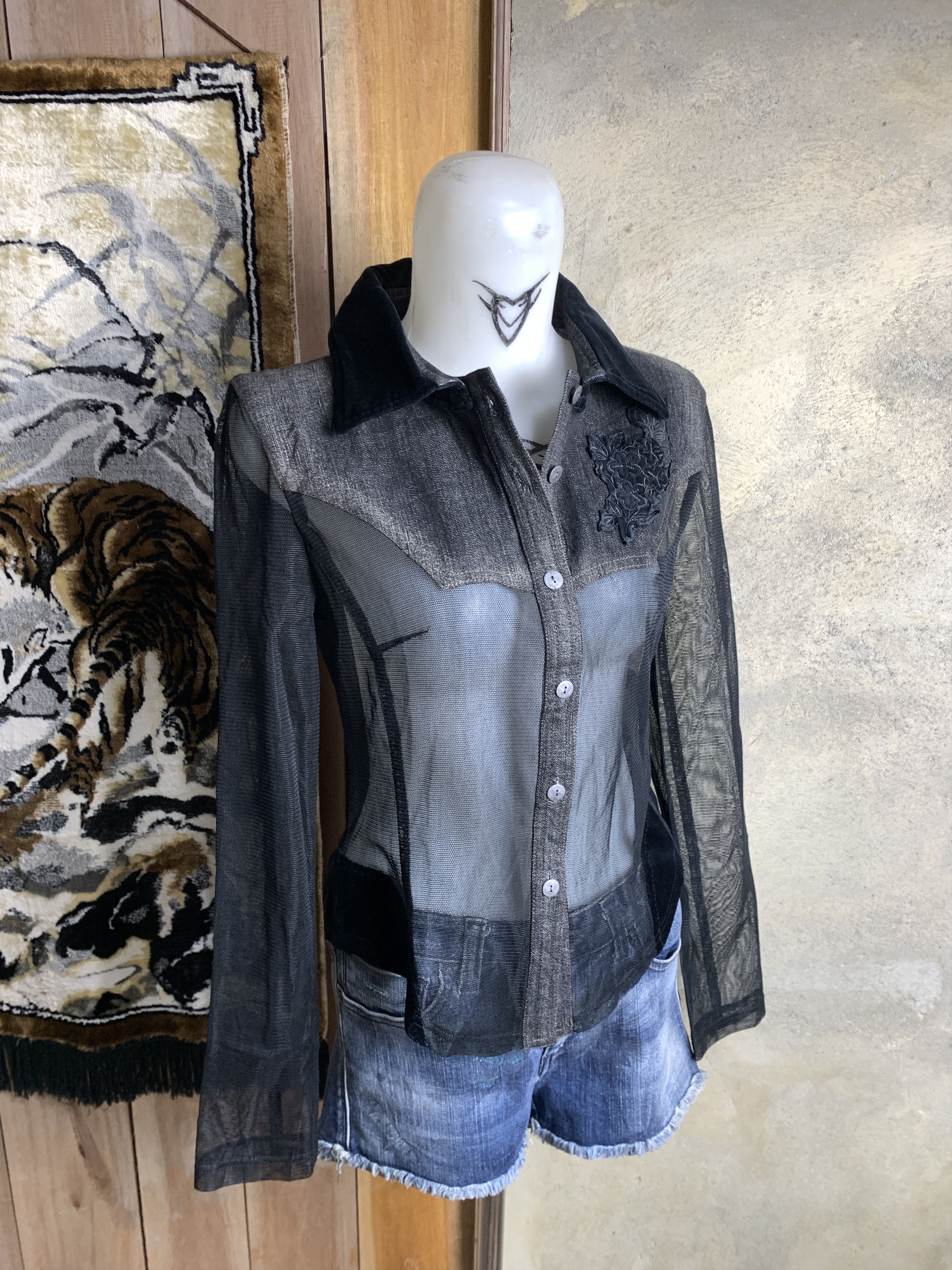 Japanese Brand Intellection Black Multi Fabric Fitted Trucker Jacket (M) Size M / US 6-8 / IT 42-44 - 2 Thumbnail