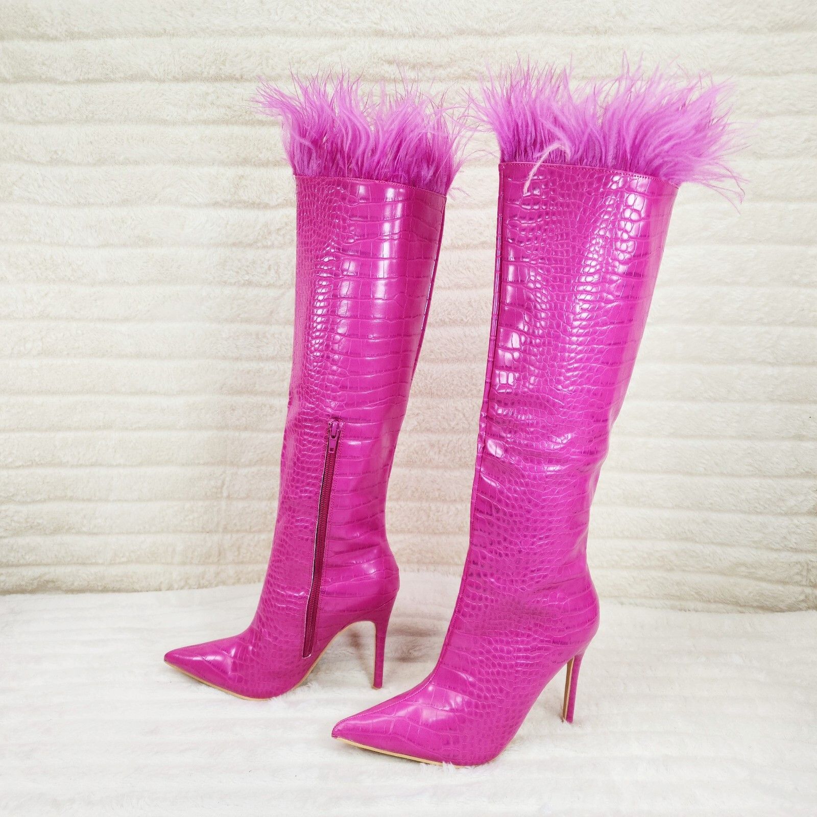Other Flirty Fuchsia Pink Snake Texture Knee High Heel Stiletto Bo Size US 6.5 / IT 36.5 - 4 Thumbnail