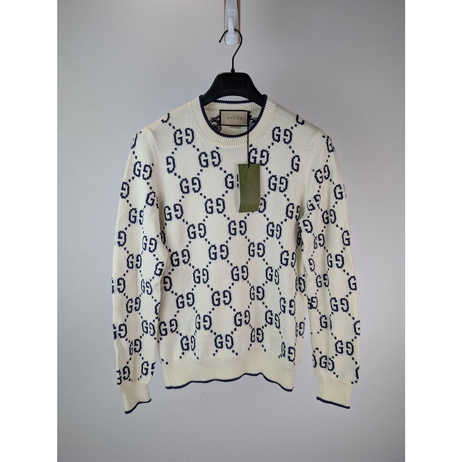 Gucci o1rshd1 GG Cotton Knit Sweater in Ivory / Navy Blue Size US M / EU 48-50 / 2 - 1 Thumbnail