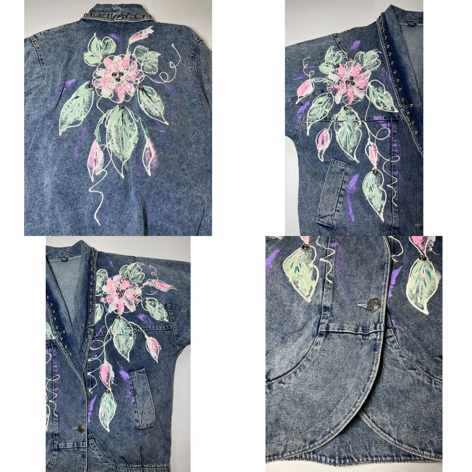 Denime VINTAGE Women's Denim Jacket Americana 80s Floral Blue Size L Jacket Womens 80s Americana Floral Denim Pockets Size L / US 10 / IT 46 - 8 Thumbnail