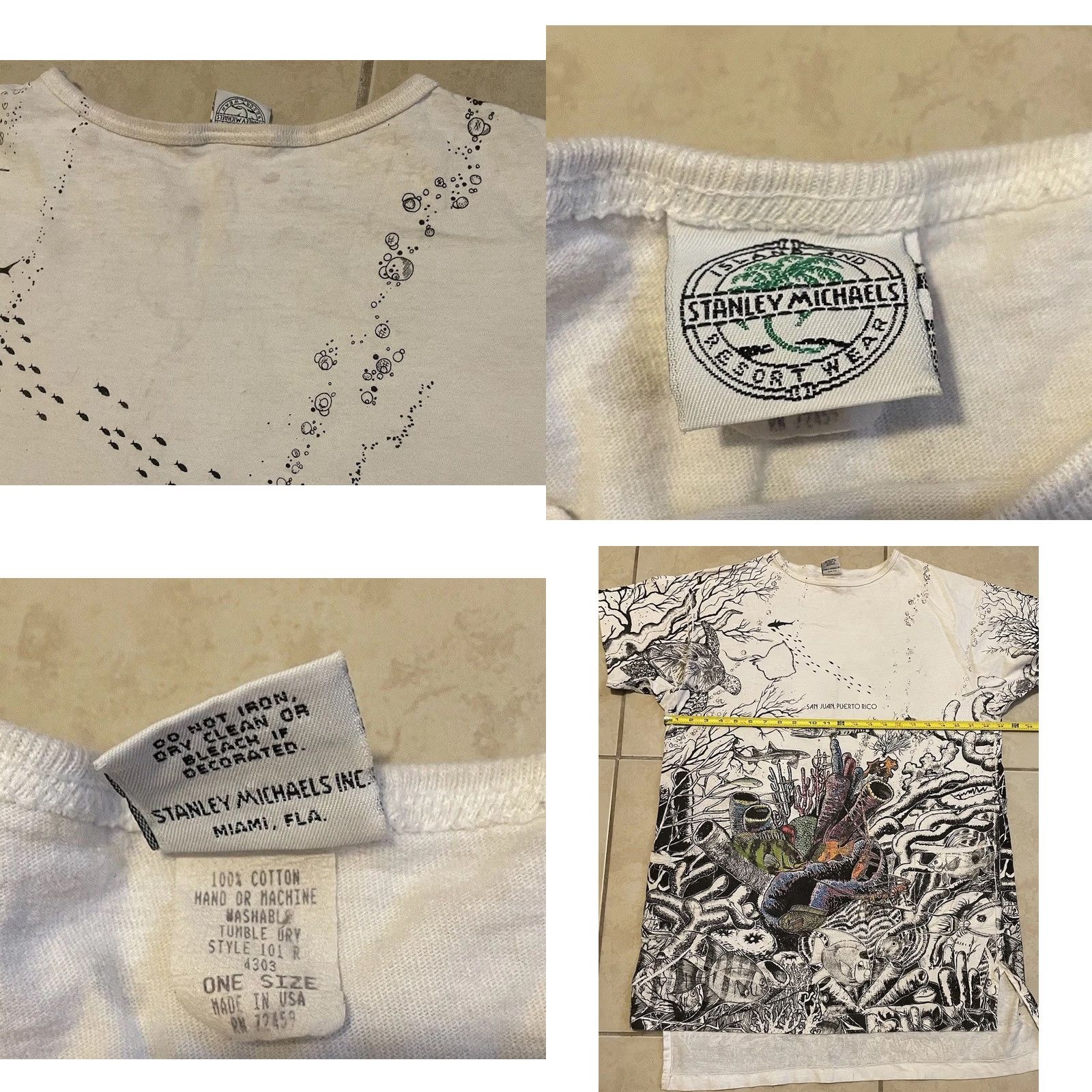 Vintage VINTAGE Puerto Rico Faded Abstract Art All Over Print T-Shirt Unisex Adults White One Size Short Sleeve Sleeping Shirt Beach Surf Fish Animal 90s Size US M / EU 48-50 / 2 - 8 Thumbnail