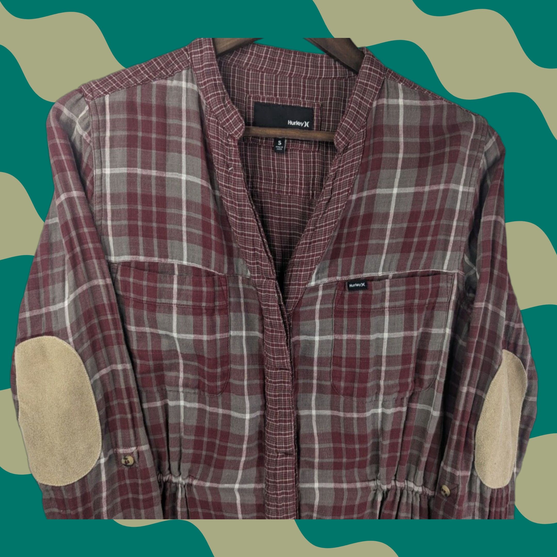 Hurley Hurley Dress Plaid Maroon Small w/Elbow Patches V-Neck Tunic Button Pockets Size S / US 4 / IT 40 - 1 Thumbnail